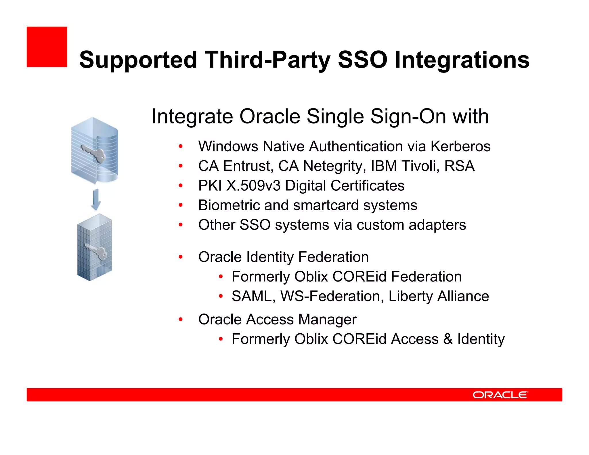 Supported Third-Party SSO Integrations

      Integrate Oracle Single Sign-On with
        •   Windows Native Authentication via Kerberos
        •   CA Entrust, CA Netegrity, IBM Tivoli, RSA
        •   PKI X.509v3 Digital Certificates
        •   Biometric and smartcard systems
        •   Other SSO systems via custom adapters

        •   Oracle Identity Federation
              • Formerly Oblix COREid Federation
              • SAML, WS-Federation, Liberty Alliance
        •   Oracle Access Manager
              • Formerly Oblix COREid Access & Identity
 