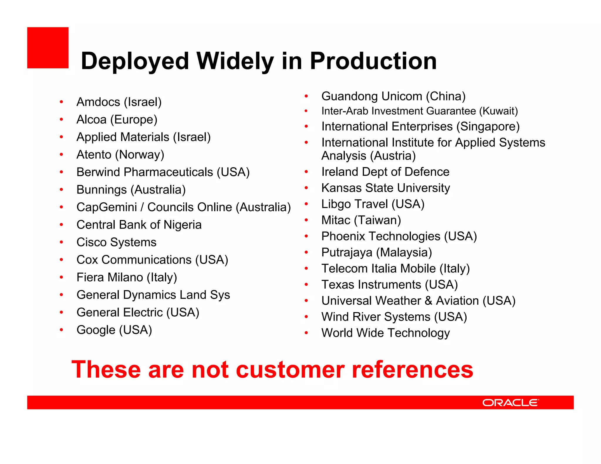 Deployed Widely in Production
•   Amdocs (Israel)                           •   Guandong Unicom (China)
                                              •   Inter-Arab Investment Guarantee (Kuwait)
•   Alcoa (Europe)
                                              •   International Enterprises (Singapore)
•   Applied Materials (Israel)                •   International Institute for Applied Systems
•   Atento (Norway)                               Analysis (Austria)
•   Berwind Pharmaceuticals (USA)             •   Ireland Dept of Defence
•   Bunnings (Australia)                      •   Kansas State University
•   CapGemini / Councils Online (Australia)   •   Libgo Travel (USA)
•   Central Bank of Nigeria                   •   Mitac (Taiwan)
•   Cisco Systems                             •   Phoenix Technologies (USA)
                                              •   Putrajaya (Malaysia)
•   Cox Communications (USA)
                                              •   Telecom Italia Mobile (Italy)
•   Fiera Milano (Italy)
                                              •   Texas Instruments (USA)
•   General Dynamics Land Sys                 •   Universal Weather & Aviation (USA)
•   General Electric (USA)                    •   Wind River Systems (USA)
•   Google (USA)                              •   World Wide Technology


    These are not customer references
 