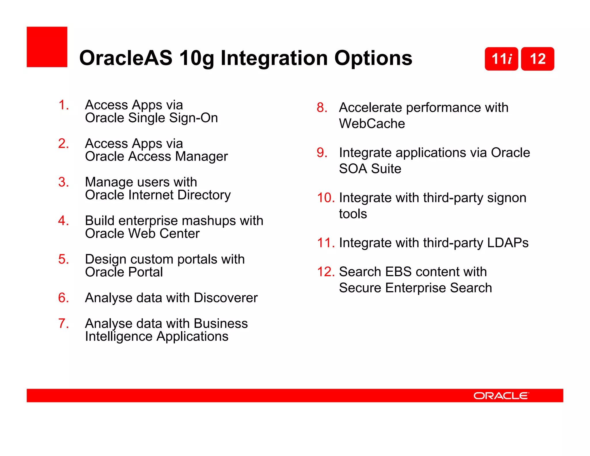OracleAS 10g Integration Options                              11i       12


1.   Access Apps via                 8. Accelerate performance with
     Oracle Single Sign-On              WebCache
2.   Access Apps via
     Oracle Access Manager           9. Integrate applications via Oracle
                                        SOA Suite
3.   Manage users with
     Oracle Internet Directory       10. Integrate with third-party signon
                                         tools
4.   Build enterprise mashups with
     Oracle Web Center
                                     11. Integrate with third-party LDAPs
5.   Design custom portals with
     Oracle Portal                   12. Search EBS content with
                                         Secure Enterprise Search
6.   Analyse data with Discoverer
7.   Analyse data with Business
     Intelligence Applications
 