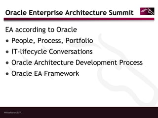 Whitehorses B.V.
Oracle Enterprise Architecture SummitOracle Enterprise Architecture Summit
EA according to Oracle
● People, Process, Portfolio
● IT-lifecycle Conversations
● Oracle Architecture Development Process
● Oracle EA Framework
 