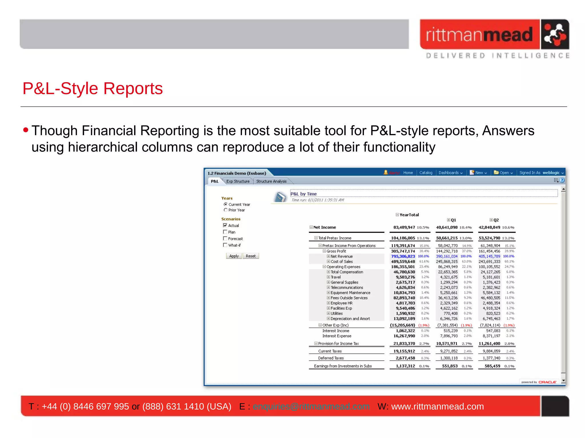 P&L-Style Reports

• Though Financial Reporting is the most suitable tool for P&L-style reports, Answers
  using hierarchical columns can reproduce a lot of their functionality




 T : +44 (0) 8446 697 995 or (888) 631 1410 (USA) E : enquiries@rittmanmead.com W: www.rittmanmead.com
 
