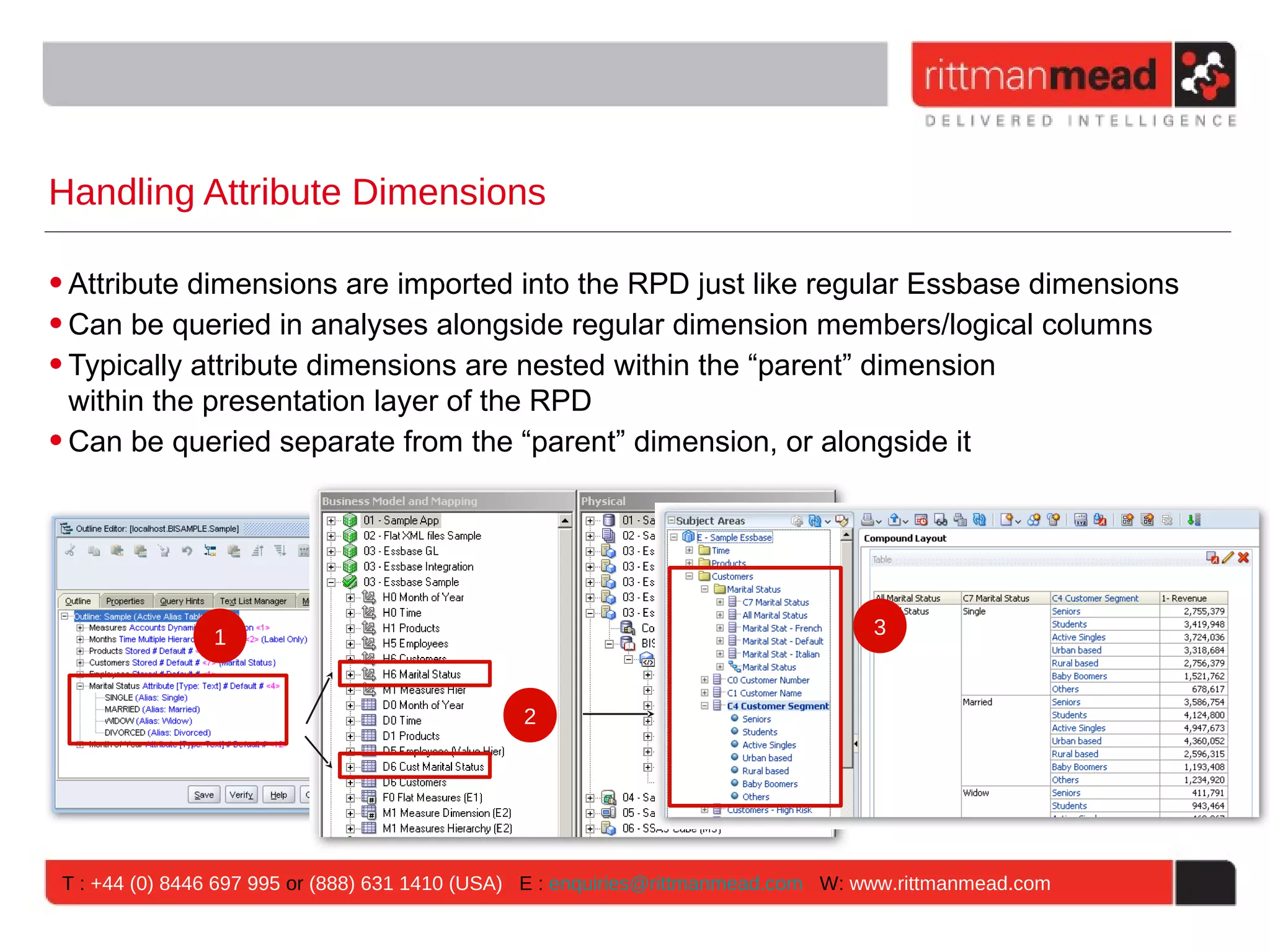 Handling Attribute Dimensions

• Attribute dimensions are imported into the RPD just like regular Essbase dimensions
• Can be queried in analyses alongside regular dimension members/logical columns
• Typically attribute dimensions are nested within the “parent” dimension
  within the presentation layer of the RPD
• Can be queried separate from the “parent” dimension, or alongside it




                1                                                                  3



                                                2




 T : +44 (0) 8446 697 995 or (888) 631 1410 (USA) E : enquiries@rittmanmead.com W: www.rittmanmead.com
 