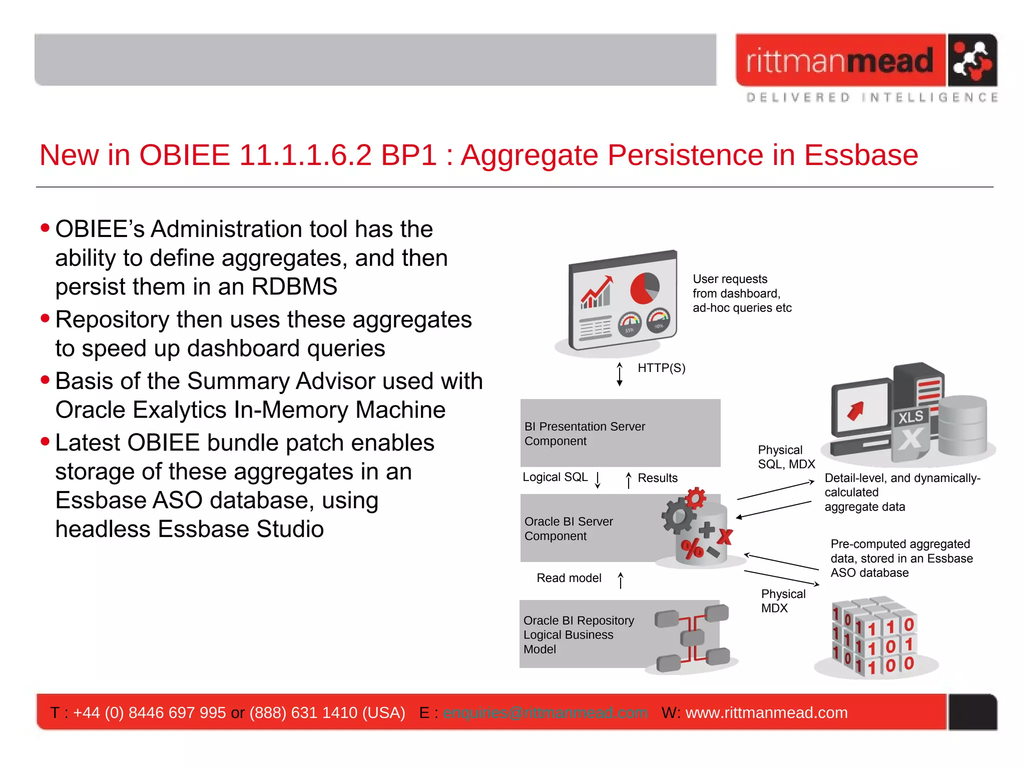 New in OBIEE 11.1.1.6.2 BP1 : Aggregate Persistence in Essbase

• OBIEE’s Administration tool has the
  ability to define aggregates, and then
                                                                                            User requests
  persist them in an RDBMS                                                                  from dashboard,
                                                                                            ad-hoc queries etc
• Repository then uses these aggregates
  to speed up dashboard queries
                                                                                  HTTP(S)
• Basis of the Summary Advisor used with
  Oracle Exalytics In-Memory Machine
                                                            BI Presentation Server
• Latest OBIEE bundle patch enables                         Component
                                                                                                       Physical
                                                                                                       SQL, MDX
  storage of these aggregates in an                        Logical SQL            Results                          Detail-level, and dynamically-
                                                                                                                   calculated
  Essbase ASO database, using                                                                                      aggregate data
                                                            Oracle BI Server
  headless Essbase Studio                                   Component
                                                                                                                    Pre-computed aggregated
                                                                                                                    data, stored in an Essbase
                                                              Read model                                            ASO database
                                                                                                        Physical
                                                                                                        MDX
                                                           Oracle BI Repository
                                                           Logical Business
                                                           Model




T : +44 (0) 8446 697 995 or (888) 631 1410 (USA) E : enquiries@rittmanmead.com W: www.rittmanmead.com
 