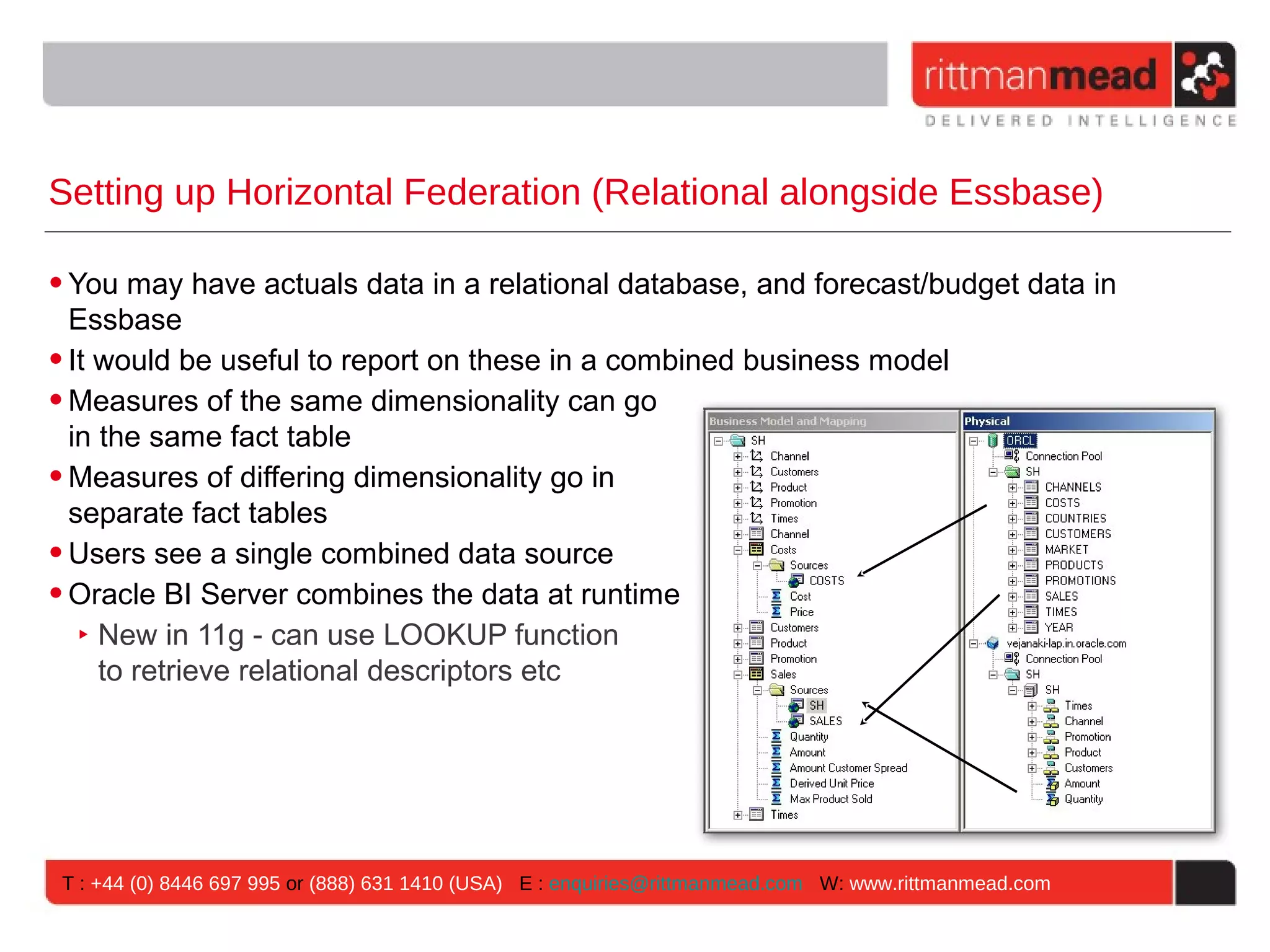 Setting up Horizontal Federation (Relational alongside Essbase)

• You may have actuals data in a relational database, and forecast/budget data in
  Essbase
• It would be useful to report on these in a combined business model
• Measures of the same dimensionality can go
  in the same fact table
• Measures of differing dimensionality go in
  separate fact tables
• Users see a single combined data source
• Oracle BI Server combines the data at runtime
   ‣ New in 11g - can use LOOKUP function
     to retrieve relational descriptors etc




 T : +44 (0) 8446 697 995 or (888) 631 1410 (USA) E : enquiries@rittmanmead.com W: www.rittmanmead.com
 