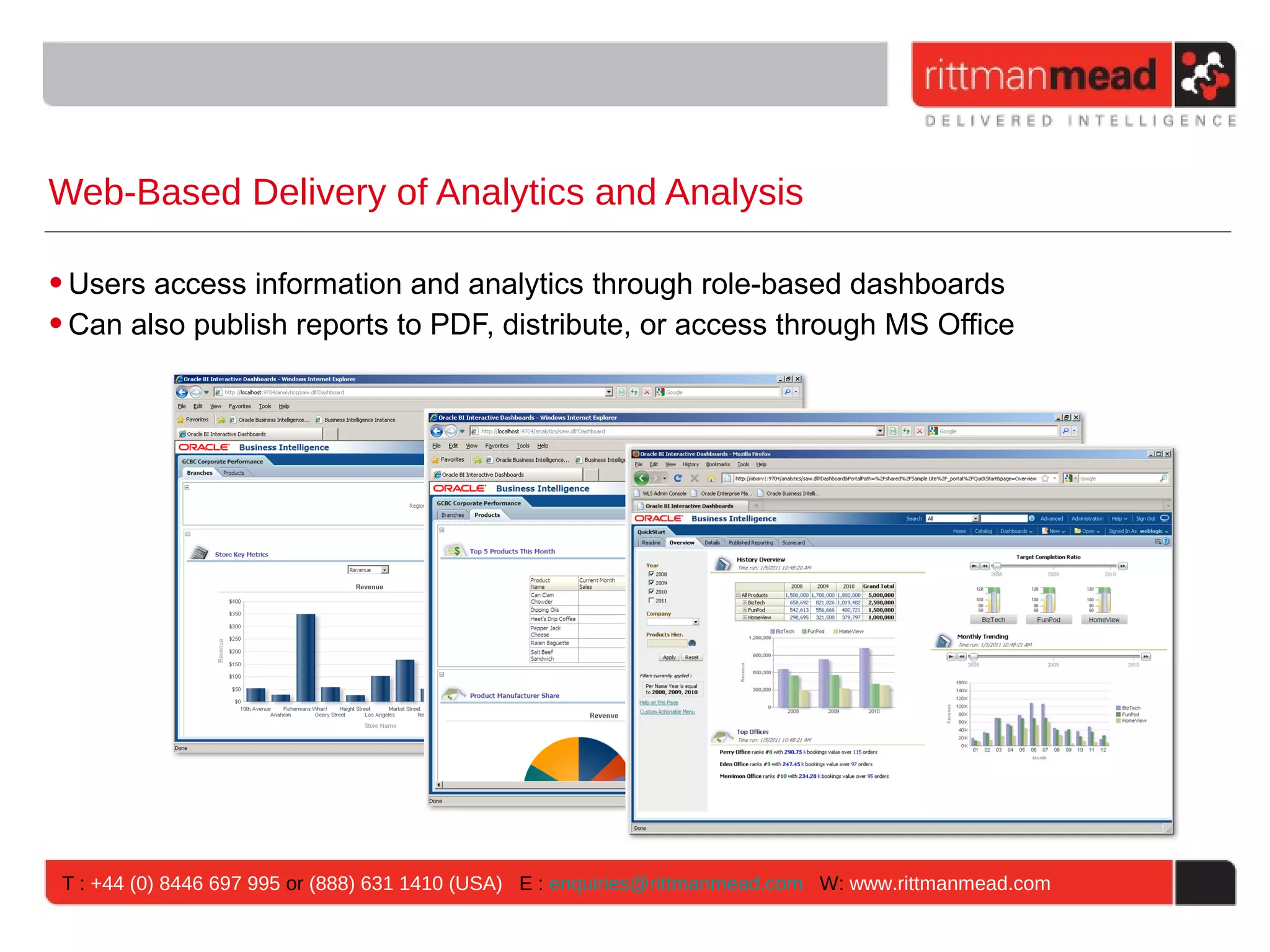 Web-Based Delivery of Analytics and Analysis

• Users access information and analytics through role-based dashboards
• Can also publish reports to PDF, distribute, or access through MS Office




 T : +44 (0) 8446 697 995 or (888) 631 1410 (USA) E : enquiries@rittmanmead.com W: www.rittmanmead.com
 