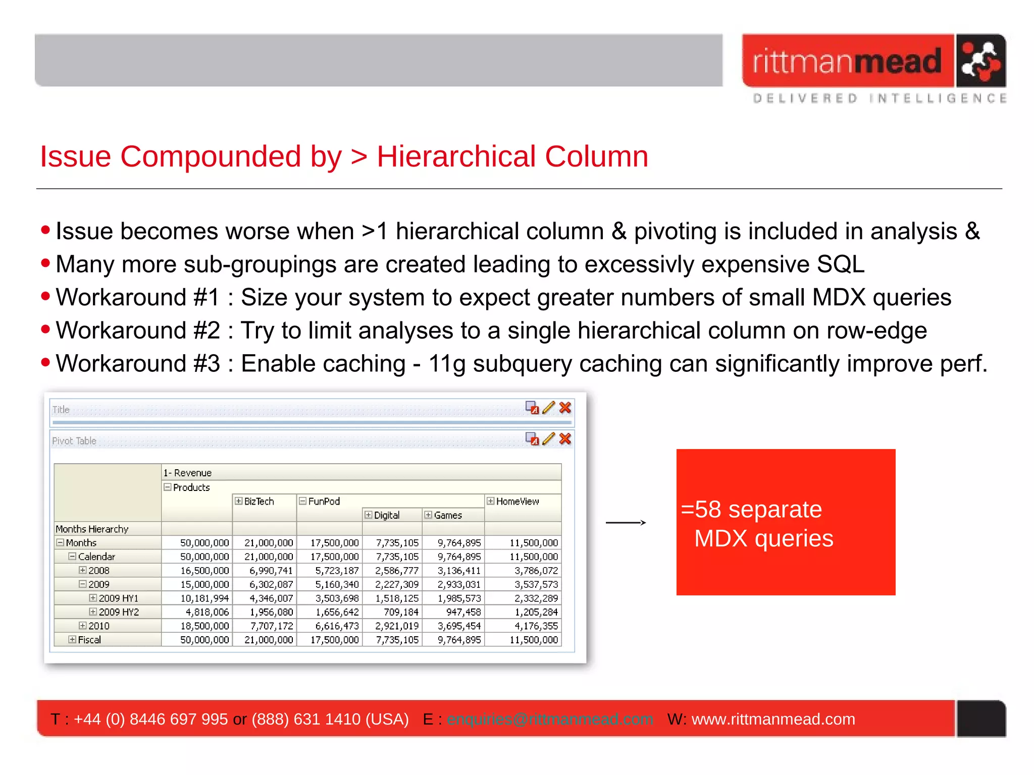 Issue Compounded by > Hierarchical Column

• Issue becomes worse when >1 hierarchical column & pivoting is included in analysis &
• Many more sub-groupings are created leading to excessivly expensive SQL
• Workaround #1 : Size your system to expect greater numbers of small MDX queries
• Workaround #2 : Try to limit analyses to a single hierarchical column on row-edge
• Workaround #3 : Enable caching - 11g subquery caching can significantly improve perf.




                                                                                =58 separate
                                                                                 MDX queries




 T : +44 (0) 8446 697 995 or (888) 631 1410 (USA) E : enquiries@rittmanmead.com W: www.rittmanmead.com
 