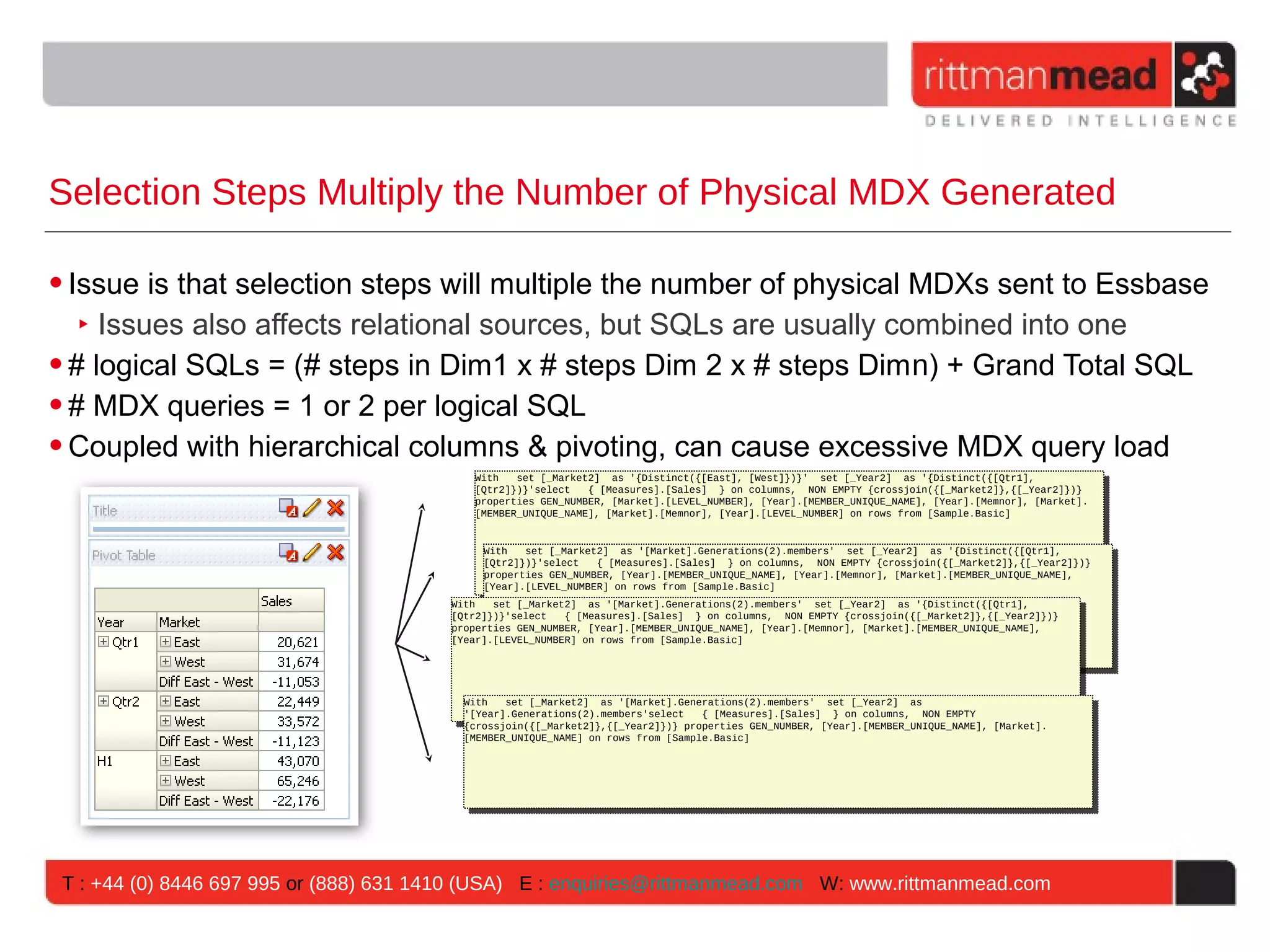 Selection Steps Multiply the Number of Physical MDX Generated

• Issue is that selection steps will multiple the number of physical MDXs sent to Essbase
   ‣ Issues also affects relational sources, but SQLs are usually combined into one
• # logical SQLs = (# steps in Dim1 x # steps Dim 2 x # steps Dimn) + Grand Total SQL
• # MDX queries = 1 or 2 per logical SQL
• Coupled with hierarchical columns & pivoting, can cause excessive MDX query load
                                           With   set [_Market2] as '{Distinct({[East], [West]})}' set [_Year2] as '{Distinct({[Qtr1],
                                            With   set [_Market2] as '{Distinct({[East], [West]})}' set [_Year2] as '{Distinct({[Qtr1],
                                           [Qtr2]})}'select   { [Measures].[Sales] } on columns, NON EMPTY {crossjoin({[_Market2]},{[_Year2]})}
                                            [Qtr2]})}'select   { [Measures].[Sales] } on columns, NON EMPTY {crossjoin({[_Market2]},{[_Year2]})}
                                           properties GEN_NUMBER, [Market].[LEVEL_NUMBER], [Year].[MEMBER_UNIQUE_NAME], [Year].[Memnor], [Market].
                                            properties GEN_NUMBER, [Market].[LEVEL_NUMBER], [Year].[MEMBER_UNIQUE_NAME], [Year].[Memnor], [Market].
                                           [MEMBER_UNIQUE_NAME], [Market].[Memnor], [Year].[LEVEL_NUMBER] on rows from [Sample.Basic]
                                            [MEMBER_UNIQUE_NAME], [Market].[Memnor], [Year].[LEVEL_NUMBER] on rows from [Sample.Basic]


                                              With    set [_Market2] as '[Market].Generations(2).members' set [_Year2] as '{Distinct({[Qtr1],
                                               With    set [_Market2] as '[Market].Generations(2).members' set [_Year2] as '{Distinct({[Qtr1],
                                              [Qtr2]})}'select     { [Measures].[Sales] } on columns, NON EMPTY {crossjoin({[_Market2]},{[_Year2]})}
                                               [Qtr2]})}'select     { [Measures].[Sales] } on columns, NON EMPTY {crossjoin({[_Market2]},{[_Year2]})}
                                              properties GEN_NUMBER, [Year].[MEMBER_UNIQUE_NAME], [Year].[Memnor], [Market].[MEMBER_UNIQUE_NAME],
                                               properties GEN_NUMBER, [Year].[MEMBER_UNIQUE_NAME], [Year].[Memnor], [Market].[MEMBER_UNIQUE_NAME],
                                              [Year].[LEVEL_NUMBER] on rows from [Sample.Basic]
                                               [Year].[LEVEL_NUMBER] on rows from [Sample.Basic]
                                        With    set [_Market2] as '[Market].Generations(2).members' set [_Year2] as '{Distinct({[Qtr1],
                                         With    set [_Market2] as '[Market].Generations(2).members' set [_Year2] as '{Distinct({[Qtr1],
                                        [Qtr2]})}'select     { [Measures].[Sales] } on columns, NON EMPTY {crossjoin({[_Market2]},{[_Year2]})}
                                         [Qtr2]})}'select     { [Measures].[Sales] } on columns, NON EMPTY {crossjoin({[_Market2]},{[_Year2]})}
                                        properties GEN_NUMBER, [Year].[MEMBER_UNIQUE_NAME], [Year].[Memnor], [Market].[MEMBER_UNIQUE_NAME],
                                         properties GEN_NUMBER, [Year].[MEMBER_UNIQUE_NAME], [Year].[Memnor], [Market].[MEMBER_UNIQUE_NAME],
                                        [Year].[LEVEL_NUMBER] on rows from [Sample.Basic]
                                         [Year].[LEVEL_NUMBER] on rows from [Sample.Basic]




                                          With   set [_Market2] as '[Market].Generations(2).members' set [_Year2] as
                                           With   set [_Market2] as '[Market].Generations(2).members' set [_Year2] as
                                          '[Year].Generations(2).members'select   { [Measures].[Sales] } on columns, NON EMPTY
                                           '[Year].Generations(2).members'select   { [Measures].[Sales] } on columns, NON EMPTY
                                          {crossjoin({[_Market2]},{[_Year2]})} properties GEN_NUMBER, [Year].[MEMBER_UNIQUE_NAME], [Market].
                                           {crossjoin({[_Market2]},{[_Year2]})} properties GEN_NUMBER, [Year].[MEMBER_UNIQUE_NAME], [Market].
                                          [MEMBER_UNIQUE_NAME] on rows from [Sample.Basic]
                                           [MEMBER_UNIQUE_NAME] on rows from [Sample.Basic]




 T : +44 (0) 8446 697 995 or (888) 631 1410 (USA) E : enquiries@rittmanmead.com W: www.rittmanmead.com
 