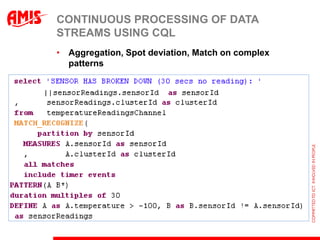 CONTINUOUS PROCESSING OF DATA
STREAMS USING CQL
• Aggregation, Spot deviation, Match on complex
  patterns
 