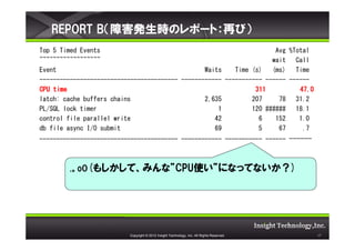 REPORT BϺkrΥݩ`ȣ٤ӣ
Top 5 Timed Events                                                    Avg %Total
~~~~~~~~~~~~~~~~~~                                                   wait Call
Event                                            Waits    Time (s)   (ms) Time
----------------------------------------- ------------ ----------- ------ ------
CPU time                                                        311          47.0
latch: cache buffers chains                      2,635         207     78 31.2
PL/SQL lock timer                                    1         120 ###### 18.1
control file parallel write                         42           6    152    1.0
db file async I/O submit                            69           5     67     .7
----------------------------------------- ------------ ----------- ------ ------



        .oO(⤷ơߤʡCPUʹˤʤäƤʤ)




                          Copyright ? 2012 Insight Technology, Inc. All Rights Reserved.   17
 