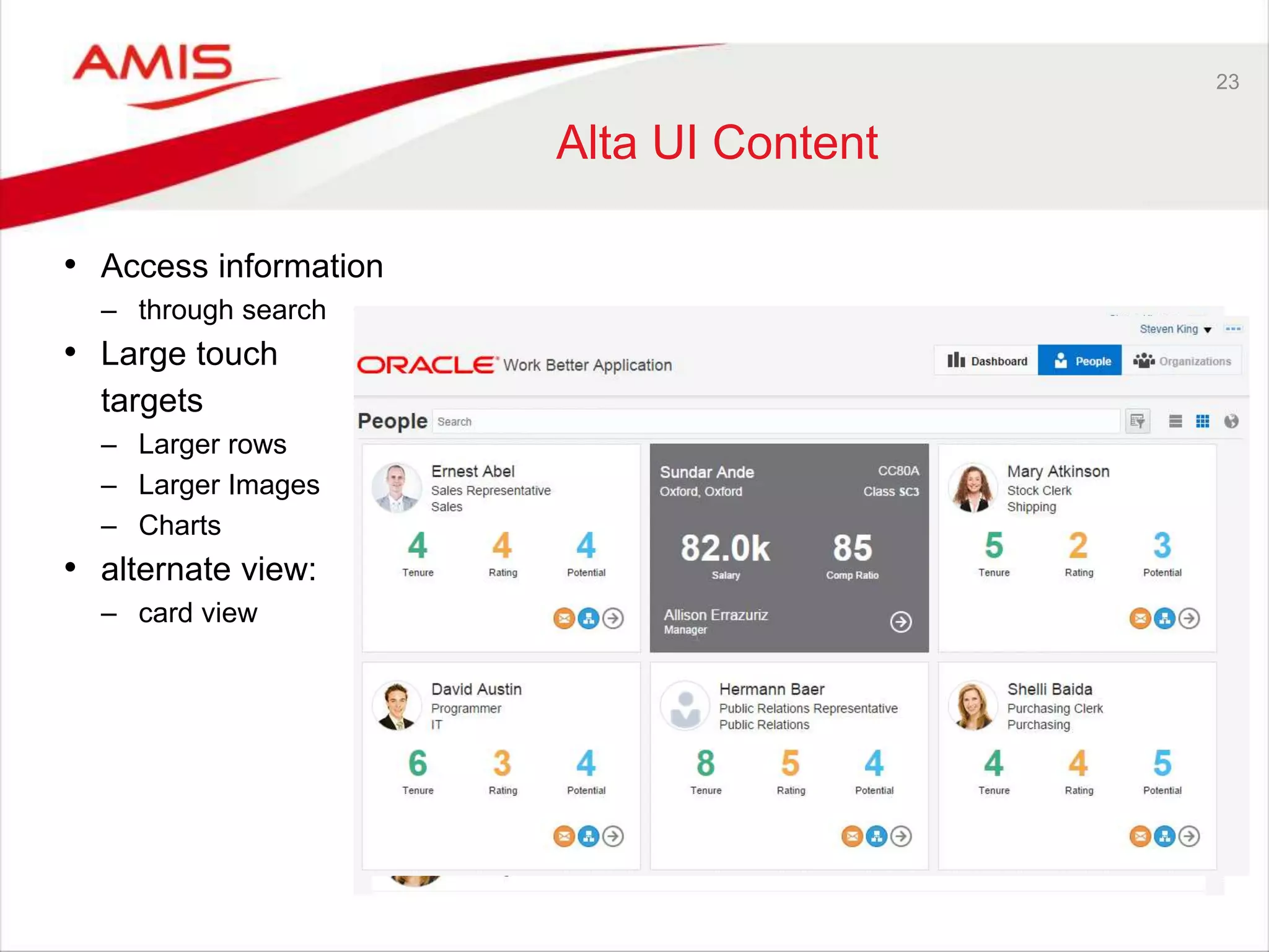 23 
Alta UI Content 
• Access information 
– through search 
• Large touch 
targets 
– Larger rows 
– Larger Images 
– Charts 
• alternate view: 
– card view 
 
