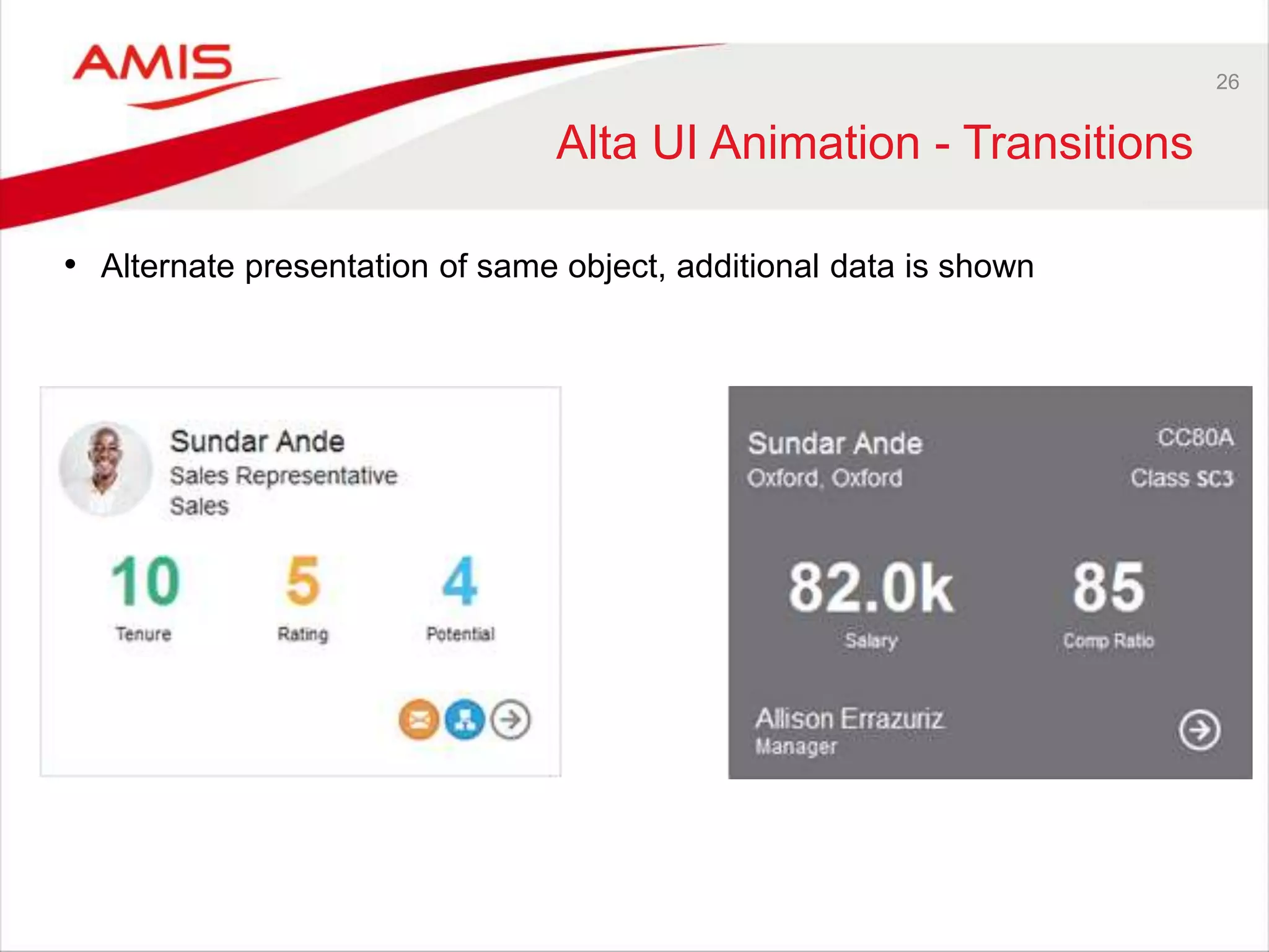 26 
Alta UI Animation - Transitions 
• Alternate presentation of same object, additional data is shown 
 