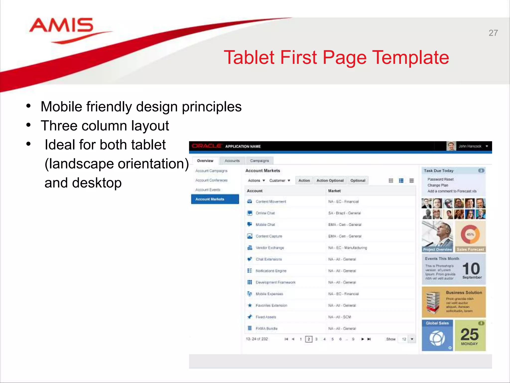 27 
Tablet First Page Template 
• Mobile friendly design principles 
• Three column layout 
• Ideal for both tablet 
(landscape orientation) 
and desktop 
 