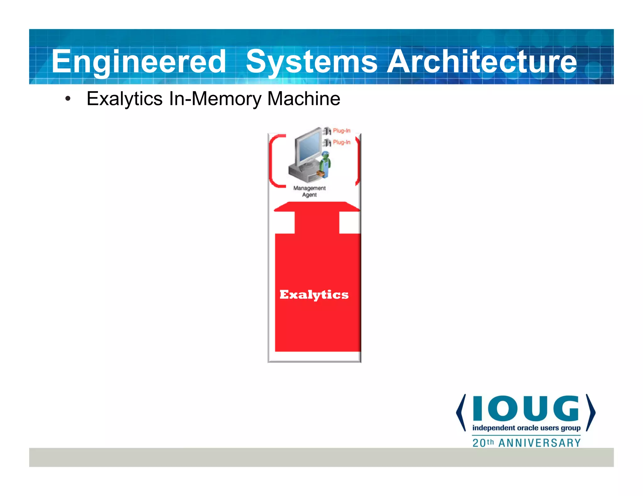 Engineered Systems Architecture
• Exalytics In-Memory Machine
Compute
Nodes
Exalytics
 