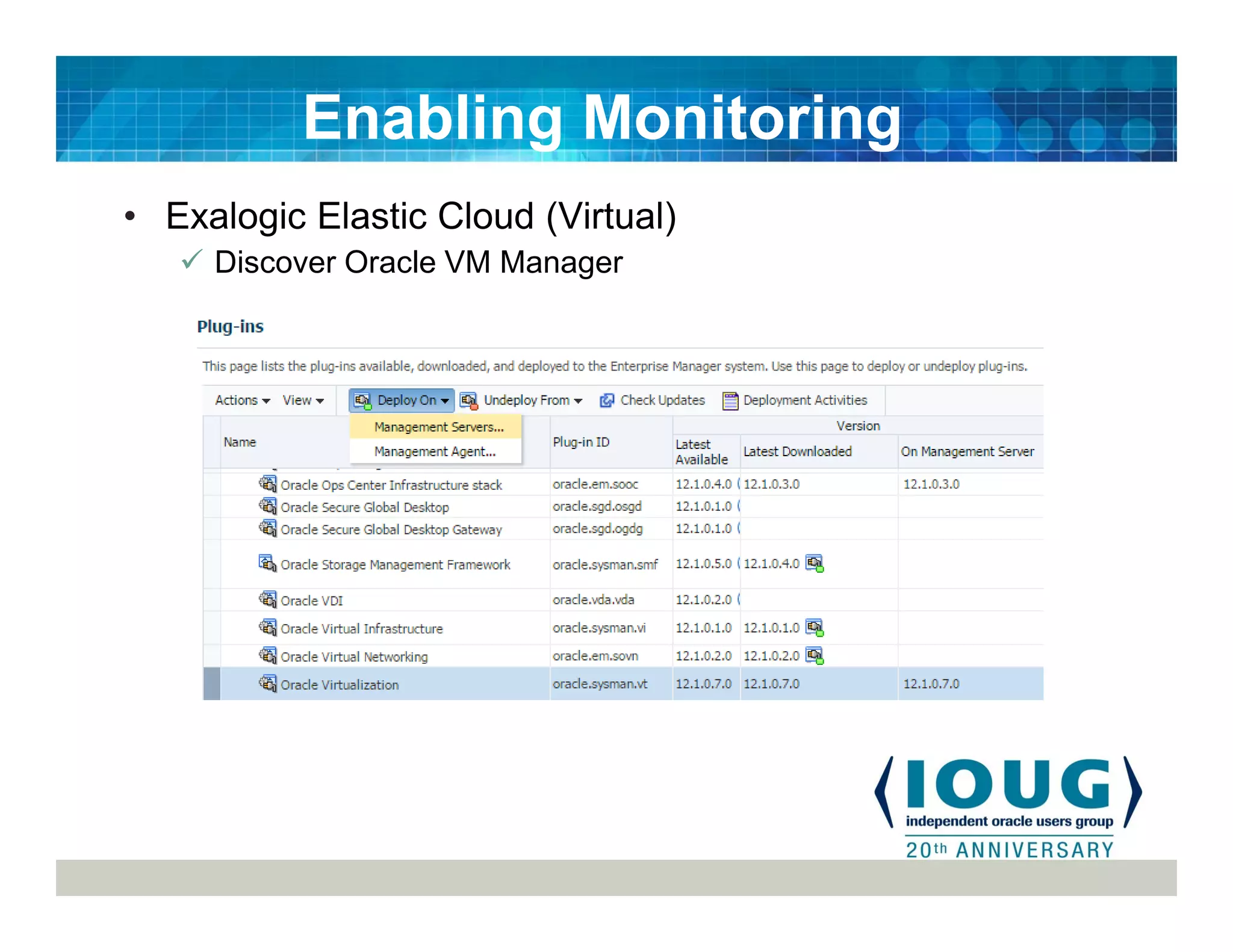 • Exalogic Elastic Cloud (Virtual)
Discover Oracle VM Manager
Enabling Monitoring
 