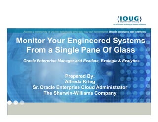 Monitor Your Engineered Systems
From a Single Pane Of Glass
Oracle Enterprise Manager and Exadata, Exalogic & Exalytics
Prepared By:
Alfredo Krieg
Sr. Oracle Enterprise Cloud Administrator
The Sherwin-Williams Company
 