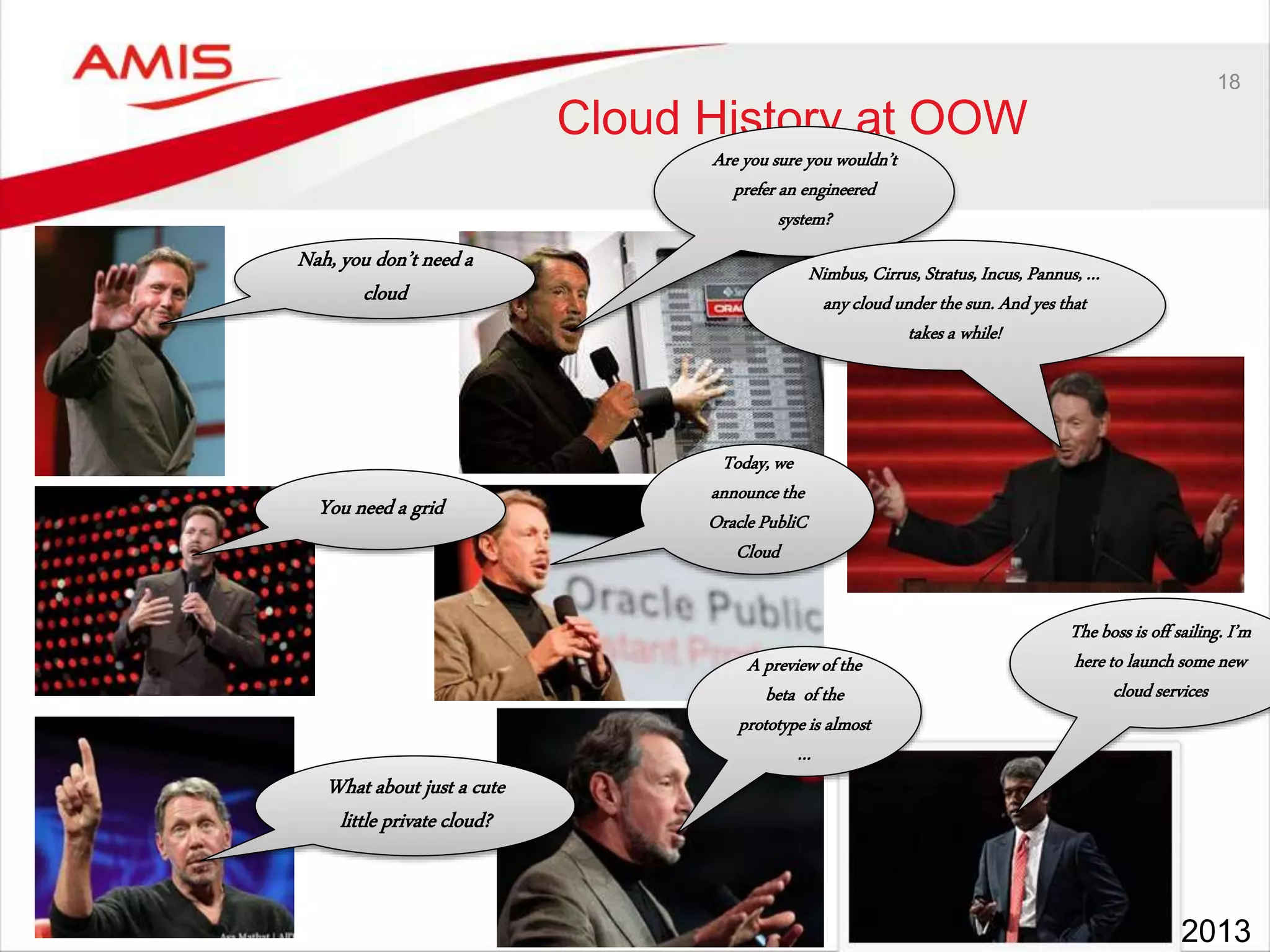 18
Cloud History at OOW
You need a grid
Nah, you don’t need a
cloud
What about just a cute
little private cloud?
Are you sure you wouldn’t
prefer an engineered
system?
Today, we
announce the
Oracle PubliC
Cloud
A previewof the
beta of the
prototypeis almost
…
Nimbus, Cirrus, Stratus, Incus, Pannus,…
anycloudunder the sun. And yes that
takes a while!
The boss is off sailing. I’m
hereto launchsome new
cloud services
2013
 