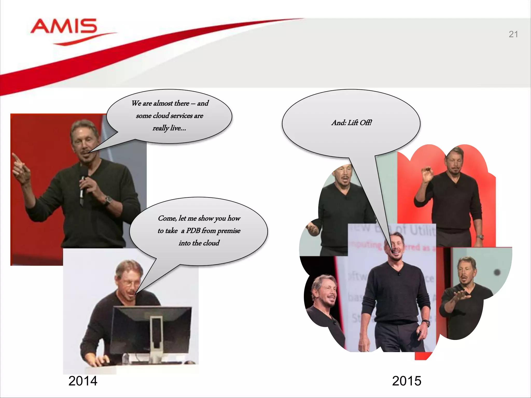 21
20152014
We are almost there – and
some cloud services are
reallylive…
Come,let me show you how
to take a PDB from premise
into the cloud
And: Lift Off!
 