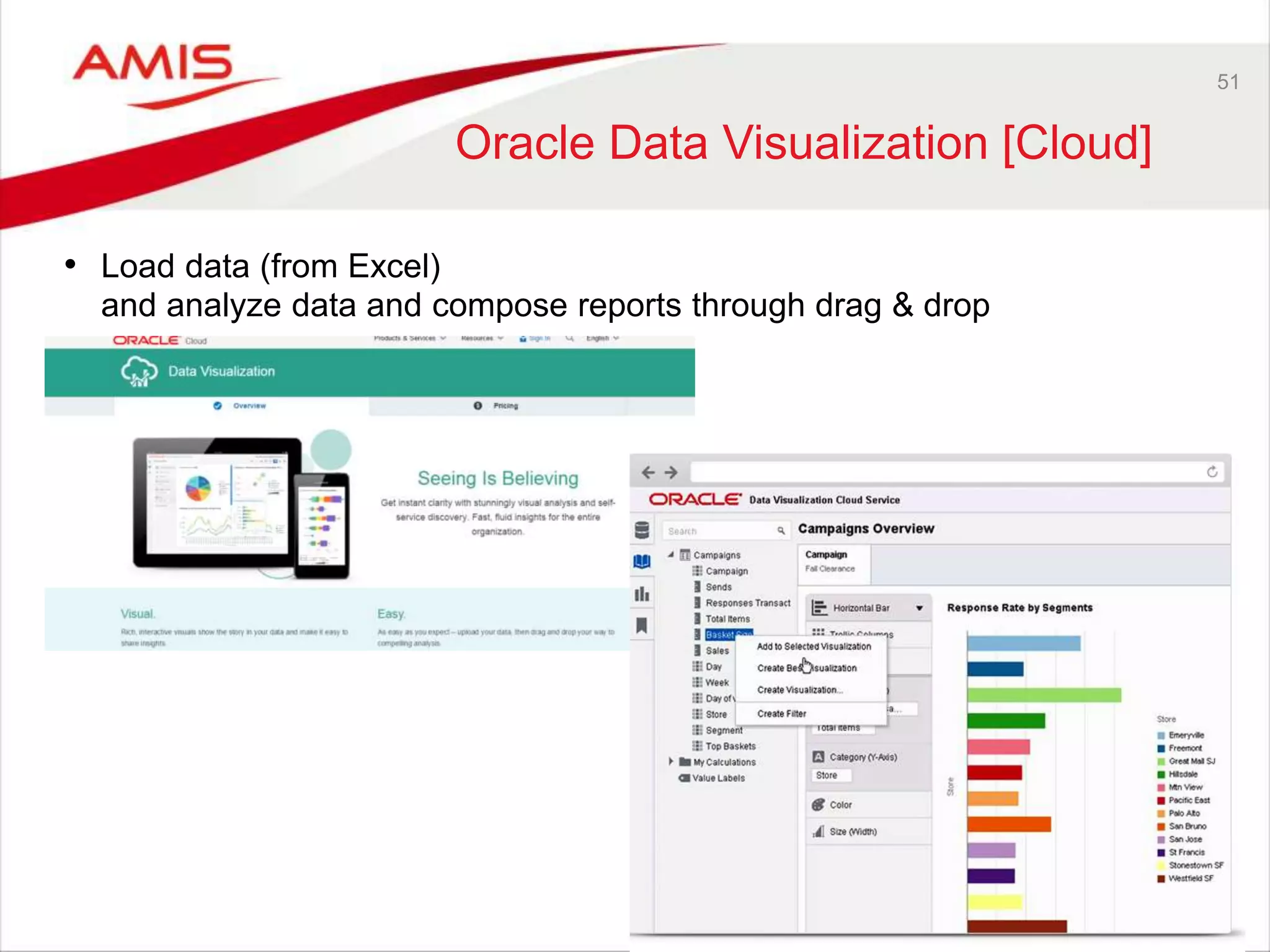 51
Oracle Data Visualization [Cloud]
• Load data (from Excel)
and analyze data and compose reports through drag & drop
 