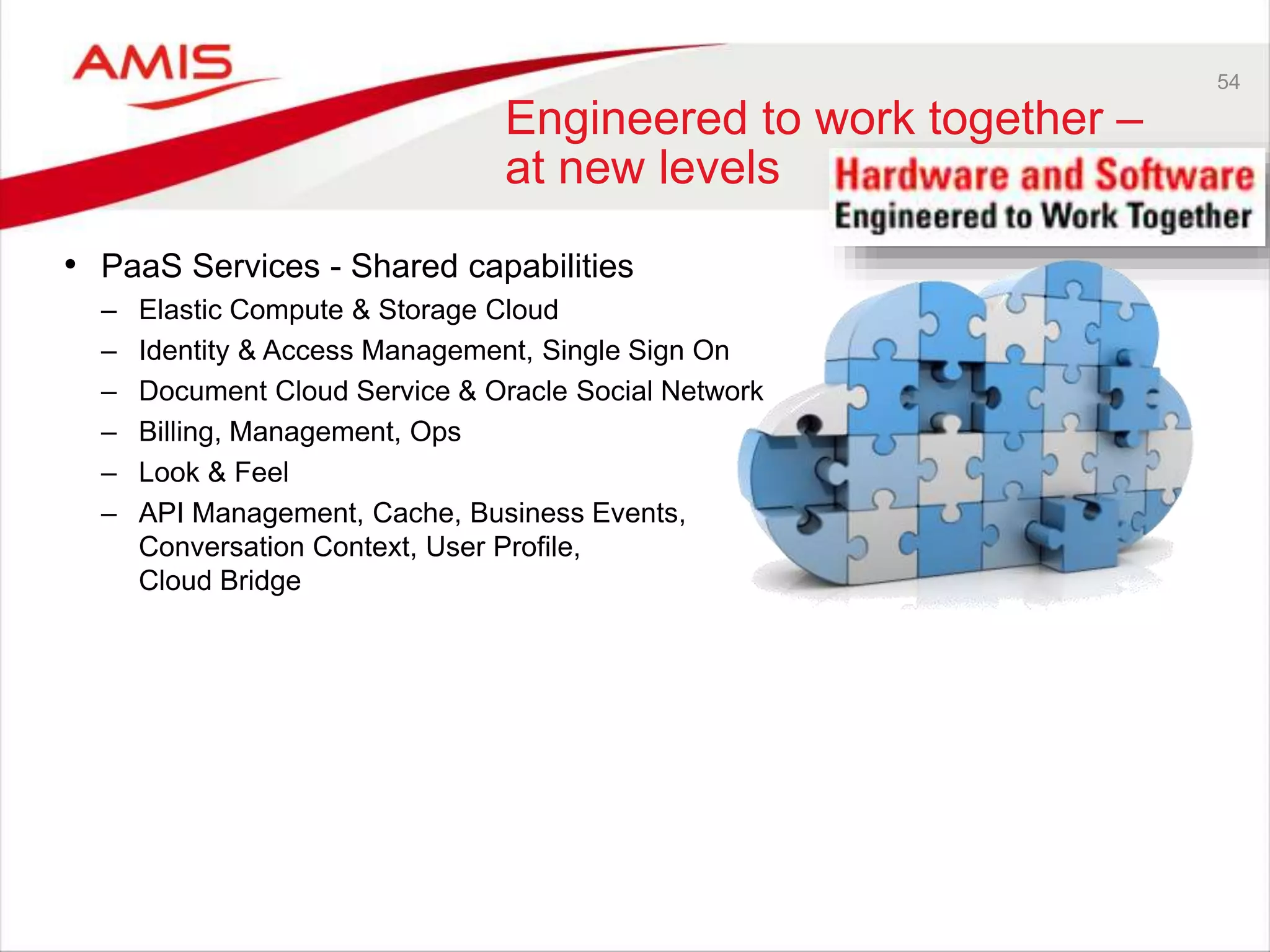 54
Engineered to work together –
at new levels
• PaaS Services - Shared capabilities
– Elastic Compute & Storage Cloud
– Identity & Access Management, Single Sign On
– Document Cloud Service & Oracle Social Network
– Billing, Management, Ops
– Look & Feel
– API Management, Cache, Business Events,
Conversation Context, User Profile,
Cloud Bridge
 