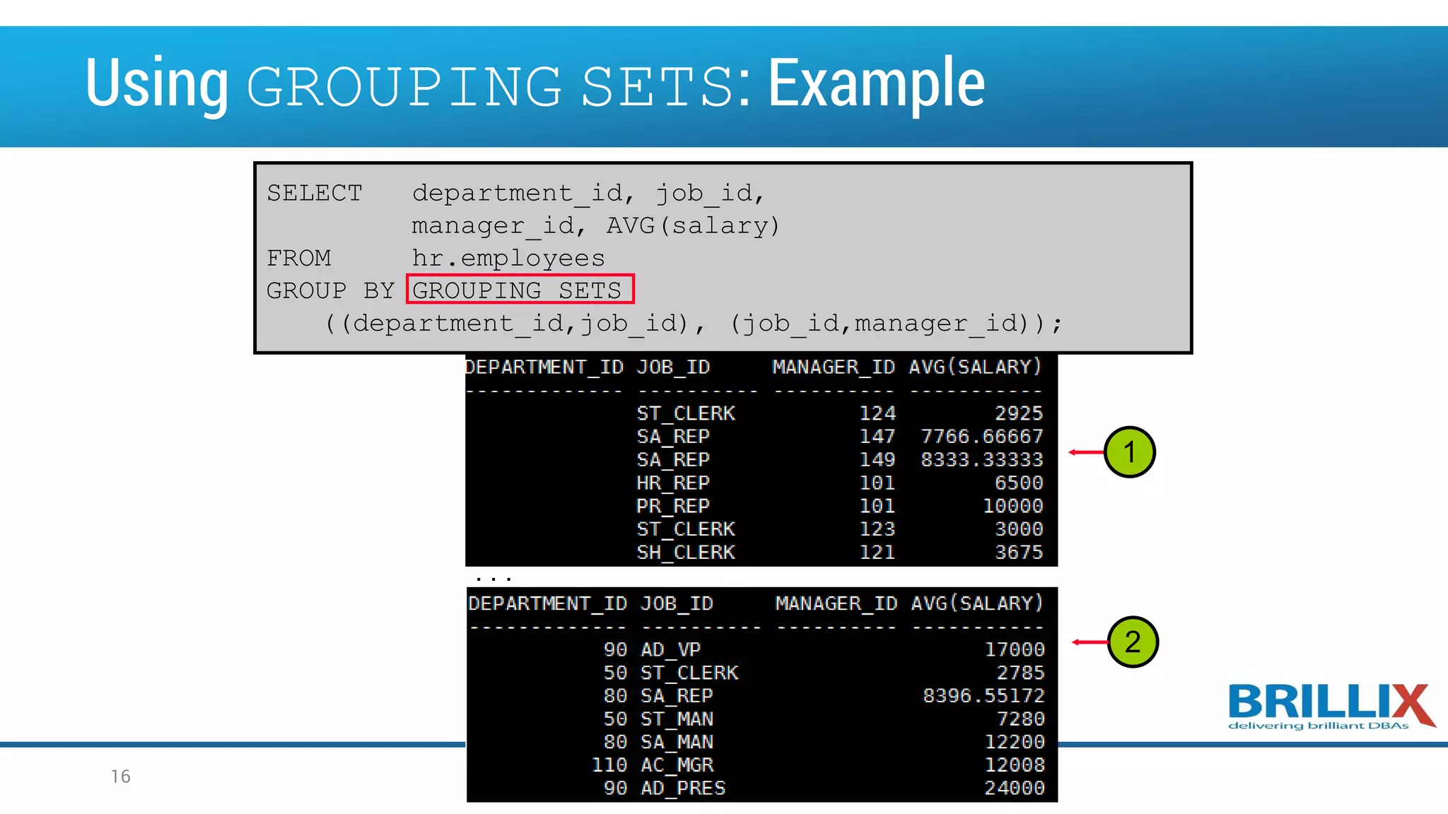 SELECT department_id, job_id, manager_id, AVG(salary) FROM hr.employees GROUP BY GROUPING SETS ((department_id,job_id), (job_id,manager_id)); Using GROUPING SETS: Example . . . 1 2 16 