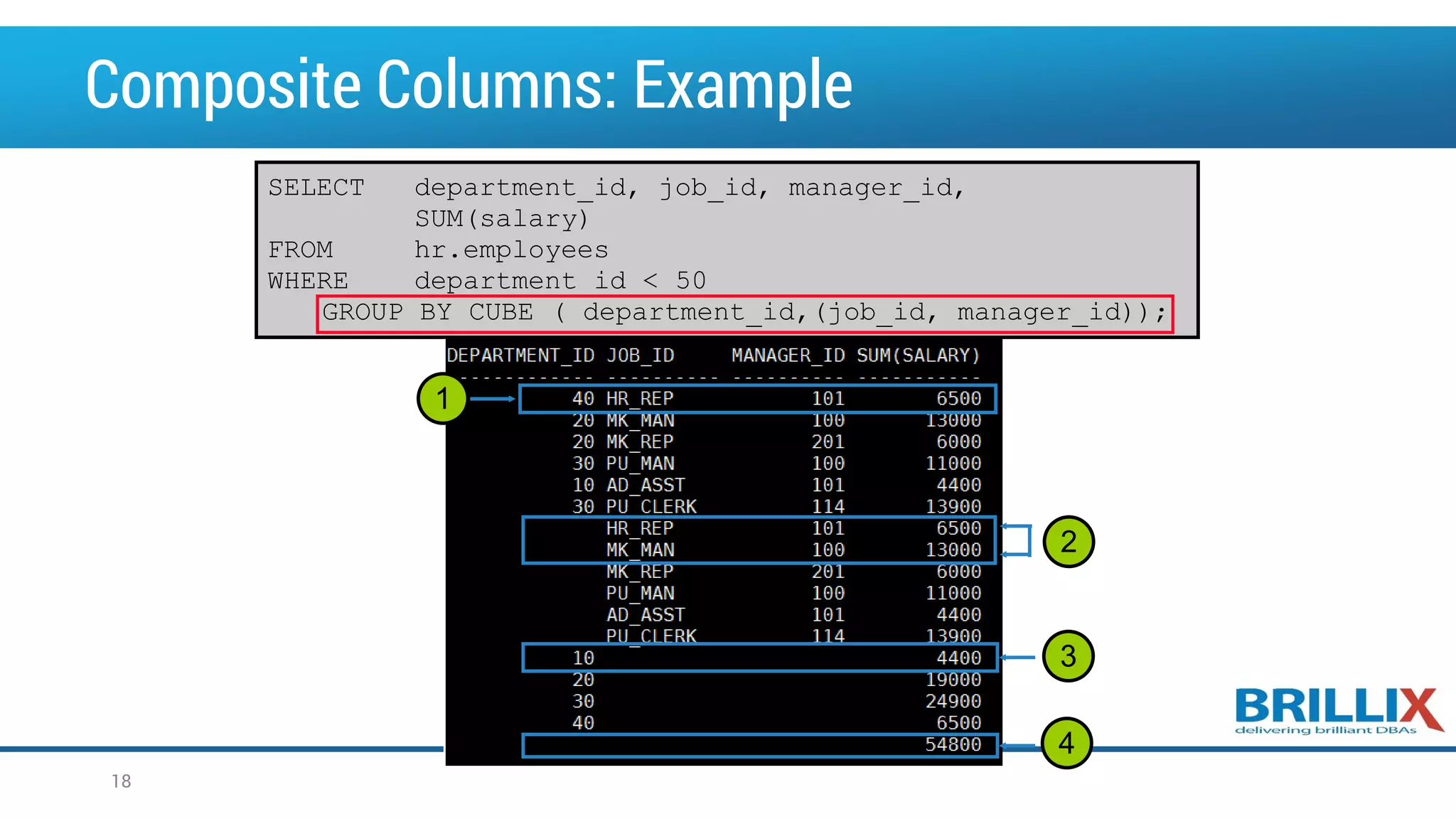 SELECT department_id, job_id, manager_id, SUM(salary) FROM hr.employees WHERE department_id < 50 GROUP BY CUBE ( department_id,(job_id, manager_id)); Composite Columns: Example 18 1 2 3 4 