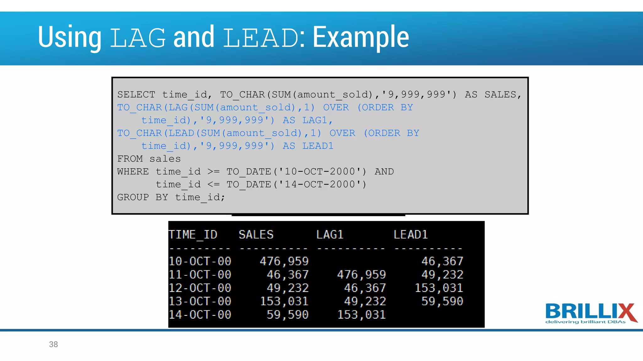 Using LAG and LEAD: Example SELECT time_id, TO_CHAR(SUM(amount_sold),'9,999,999') AS SALES, TO_CHAR(LAG(SUM(amount_sold),1) OVER (ORDER BY time_id),'9,999,999') AS LAG1, TO_CHAR(LEAD(SUM(amount_sold),1) OVER (ORDER BY time_id),'9,999,999') AS LEAD1 FROM sales WHERE time_id >= TO_DATE('10-OCT-2000') AND time_id <= TO_DATE('14-OCT-2000') GROUP BY time_id; 38 