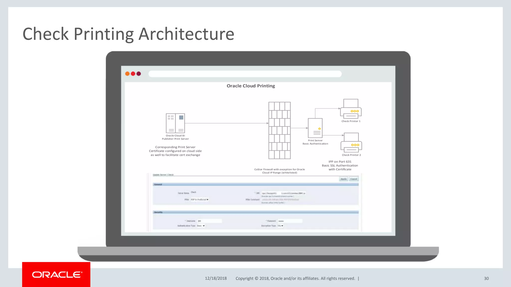 Copyright © 2018, Oracle and/or its affiliates. All rights reserved. |
Check Printing Architecture
Print Server
Basic Authentication
Check Printer 1
Check Printer 2
IPP on Port 631
Basic SSL Authentication
with CertificateCoStar Firewall with exception for Oracle
Cloud IP Range (whitelisted)
Oracle Cloud BI
Publisher Print Server
Corresponding Print Server
Certificate configured on cloud side
as well to facilitate cert exchange
Oracle Cloud Printing
12/18/2018 30
 