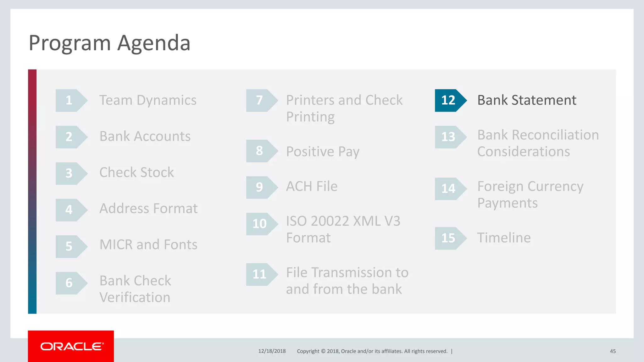 Copyright © 2018, Oracle and/or its affiliates. All rights reserved. |12/18/2018 45
Program Agenda
Team Dynamics
Bank Accounts
Check Stock
Address Format
MICR and Fonts
Bank Check
Verification
1
2
3
4
Printers and Check
Printing
Positive Pay
ACH File
ISO 20022 XML V3
Format
File Transmission to
and from the bank
Bank Statement
Bank Reconciliation
Considerations
Foreign Currency
Payments
Timeline
5
6
7
8
9
10
11
12
13
14
15
 