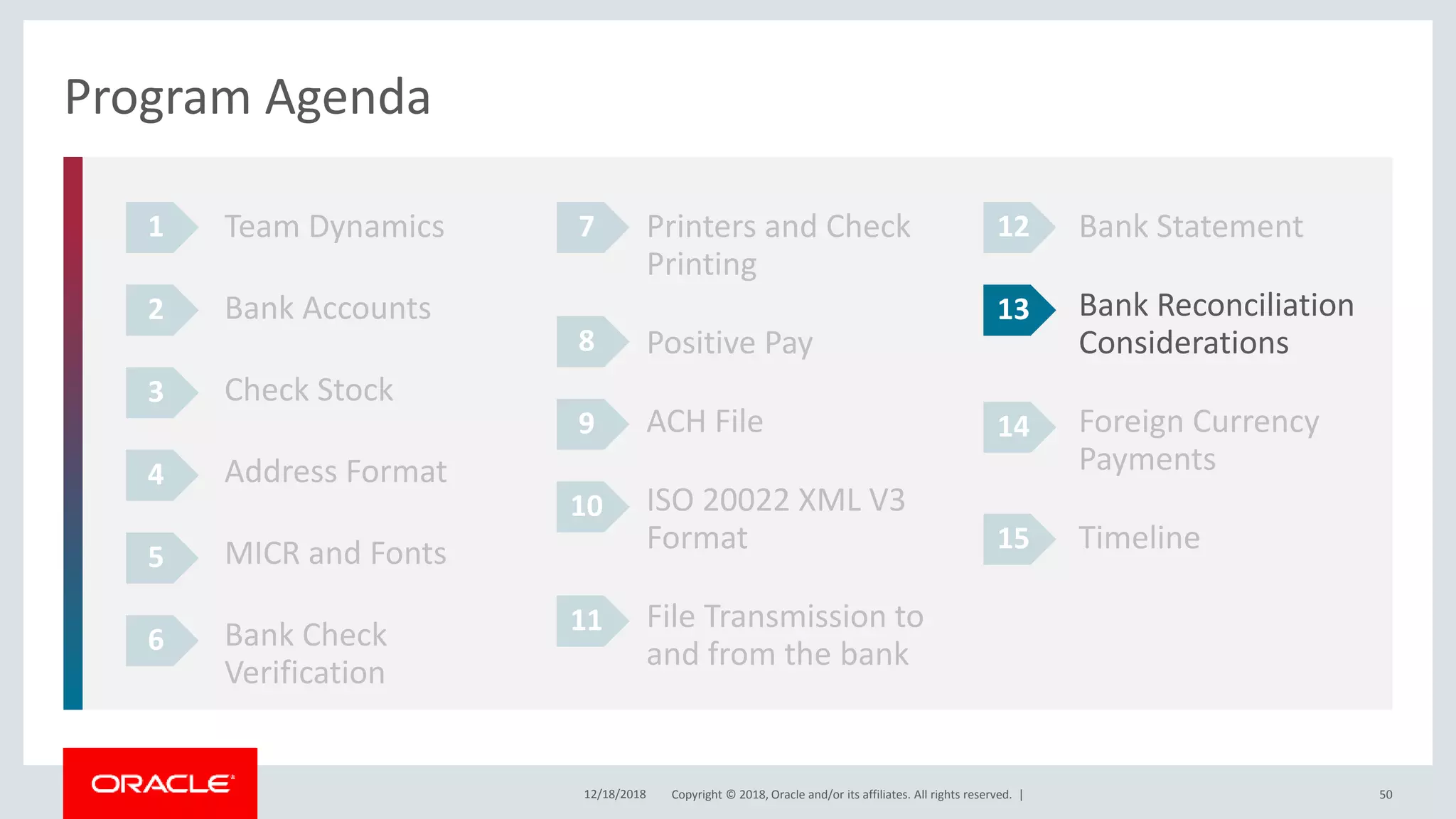 Copyright © 2018, Oracle and/or its affiliates. All rights reserved. |12/18/2018 50
Program Agenda
Team Dynamics
Bank Accounts
Check Stock
Address Format
MICR and Fonts
Bank Check
Verification
1
2
3
4
Printers and Check
Printing
Positive Pay
ACH File
ISO 20022 XML V3
Format
File Transmission to
and from the bank
Bank Statement
Bank Reconciliation
Considerations
Foreign Currency
Payments
Timeline
5
6
7
8
9
10
11
12
13
14
15
 