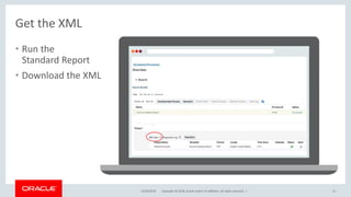 Copyright © 2018, Oracle and/or its affiliates. All rights reserved. |
• Run the
Standard Report
• Download the XML
Get the XML
12/18/2018 21
 