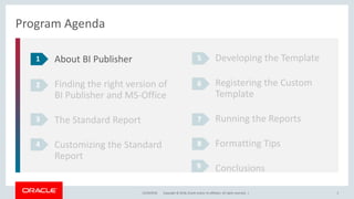 Copyright © 2018, Oracle and/or its affiliates. All rights reserved. |12/18/2018 3
Program Agenda
About BI Publisher
Finding the right version of
BI Publisher and MS-Office
The Standard Report
Customizing the Standard
Report
1
2
3
4
Developing the Template
Registering the Custom
Template
Running the Reports
Formatting Tips
Conclusions
5
6
7
8
9
 
