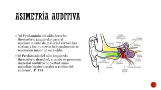  “a) Predominio del oído derecho
(hemisferio izquierdo) para el
reconocimiento de material verbal: las
sílabas y los números habitualmente se
reconocen mejor en este oído.
 b) Predominio del oído izquierdo
(hemisferio derecho), cuando se presenta
material auditivo no verbal como
melodías, series tonales o ruidos del
entorno”. P. 174
 