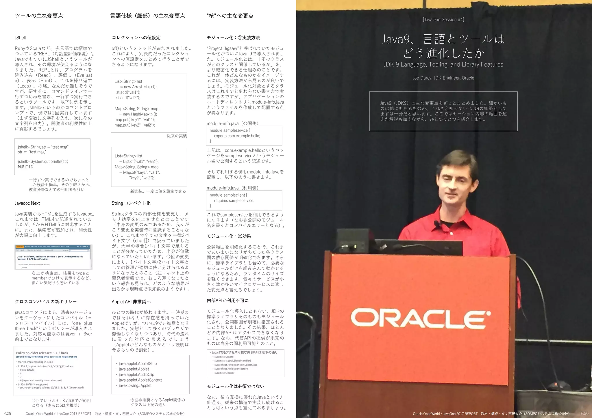 JShell
RubyやScalaなど、多言語では標準で
ついている“REPL（対話型評価環境）”。
JavaでもついにJShellというツールが
導入され、その環境が使えるようにな
りました。REPLとは、プログラムを
読み込み（Read）、評価し（Evaluat
e）、表示（Print）、これを繰り返す
（Loop）。の略。なんだか難しそうで
すが、要するに、コマンドラインで一
行ずつJavaを書き、一行ずつ実行でき
るというツールです。以下に例を示し
ます。jshell>というのがコマンドプロ
ンプトで、例では2回実行しています
（まず変数に文字列を入れ、次にその
文字列を出力）。開発者の利便性向上
に貢献するでしょう。
ツールの主な変更点
jshell> String str = “test msg”
str ⇒ “test msg”
jshell> System.out.println(str)
test msg
言語仕様（細部）の主な変更点 “核”への主な変更点
Javadoc Next
Java実装からHTMLを生成するJavadoc。
これまではHTML4で記述されていま
したが、9からHTML5に対応すること
に。また、検索窓が追加され、利便性
が大幅に向上します。
Java9、言語とツールは
どう進化したか
JDK 9 Language, Tooling, and Library Features
Joe Darcy, JDK Engineer, Oracle
[JavaOne Session #4]
Java9（JDK9）の主な変更点をざっとまとめました。細かいも
のは他にもあるものの、これさえ知っていれば9の知識として
まずは十分だと思います。ここではセッション内容の範囲を超
えた解説も加えながら、ひとつひとつを紹介します。
一行ずつ実行できるのでちょっと
した検証も簡単。その手軽さから、
教育分野などでの利用者も多い
クロスコンパイルの新ポリシー
javacコマンドによる、過去のバージョ
ンをターゲットにしたコンパイル（＝
クロスコンパイル）には、“one plus
three back”というポリシーが導入され
ました。対応可能なのは現ver + 3ver
前までとなります。
右上が検索窓。結果をtypeと
memberで分けて表示するなど、
細かい気配りも効いている
コレクションへの値設定
of()というメソッドが追加されました。
これにより、冗長的だったコレクショ
ンへの値設定をまとめて行うことがで
きるようになります。
モジュール化：①実装方法
“Project Jigsaw”と呼ばれていたモジュ
ール化がついにJava 9で導入されまし
た。モジュール化とは、「そのクラス
がどのクラスと関係しているか」を、
より厳密化できる仕組みのことです。
これが一体どんなものかをイメージす
るには、実装方法から見るのが良いで
しょう。モジュール化対象とするクラ
スはこれまでと変わらない書き方で実
装するのですが、アプリケーションの
ルートディレクトリにmodule-info.java
というファイルを作成して配置する点
が異なります。
module-info.java（公開側）
上記は、com.example.helloというパッ
ケージをsampleserviceというモジュー
ル名で公開するという記述です。
そして利用する側もmodule-info.javaを
配置し、以下のように書きます。
module-info.java（利用側）
これでsampleserviceを利用できるよう
になります（なお非公開のモジュール
名を書くとコンパイルエラーとなる）。
モジュール化：②効果
公開範囲を明確化することで、これま
であいまいになりがちだった各クラス
間の依存関係が明確化できます。さら
に、標準ライブラリも含めて、必要な
モジュールだけを組み込んで動かせる
ようになるため、ランタイムのサイズ
を軽くできます。個々のサービスが小
さく数が多いマイクロサービスに適し
た変更点と言えるでしょう。
内部APIが利用不可に
モジュール化導入にともない、JDKの
標準ライブラリそのものもモジュール
化され、公開範囲が明確に指定される
こととなりました。その結果、ほとん
どの内部APIはアクセスできなくなり
ます。なお、代替APIの提供が未完の
ものは当分の間利用可能とのこと。
モジュール化は必須ではない
なお、後方互換に優れたJavaという方
針通り、従来の構造で実装し続けるこ
とも可という点も覚えておきましょう。
List<String> list
= new ArrayList<>();
list.add("val1");
list.add("val2");
Map<String, String> map
= new HashMap<>();
map.put("key1", "val1");
map.put("key2", "val2");
従来の実装
List<String> list
= List.of("val1", "val2");
Map<String, String> map
= Map.of("key1", "val1",
"key2", "val2");
String コンパクト化
Stringクラスの内部仕様を変更し、メ
モリ効率を向上させたとのことです
（中身の変更のみであるため、我々が
この変更を実装時に意識することはな
い）。これまで全ての文字を一律2バ
イト文字（char[]）で扱っていました
が、大半の場合1バイト文字で足りる
ことが分かっていたため、半分が無駄
になっていたといいます。今回の変更
により、1バイト文字/2バイト文字と
しての管理が適切に使い分けられるよ
うになったとのこと（注：ネット上の
開発者情報では、むしろ遅くなったと
いう報告も見られ、どのような効果が
出るかは現時点で未知数のようです）。
今回でいうと9 + 8,7,6までが範囲
となる（さらに6は非推奨）
新実装。一度に値を設定できる
Applet API 非推奨へ
ひとつの時代が終わります。一時期ま
ではそれなりに存在感を持っていた
Appletですが、ついに9で非推奨となり
ました。実態として多くのブラウザで
稼働しなくなりつつあり、時代の流れ
に 沿 っ た 対 応 と 言 え る で し ょ う
（Appletがどんなものかという説明は
今さらなので割愛）。
・java.applet.AppletStub
・java.applet.Applet
・java.applet.AudioClip
・java.applet.AppletContext
・javax.swing.JApplet
今回非推奨となるApplet関係の
クラスは上記の通り
P.29 P.30Oracle OpenWorld / JavaOne 2017 REPORT | 取材・構成・文：西野大介（SOMPOシステムズ株式会社） Oracle OpenWorld / JavaOne 2017 REPORT | 取材・構成・文：西野大介（SOMPOシステムズ株式会社）
module sampleservice {
exports com.example.hello;
}
module sampleclient {
requires sampleservice;
}
 