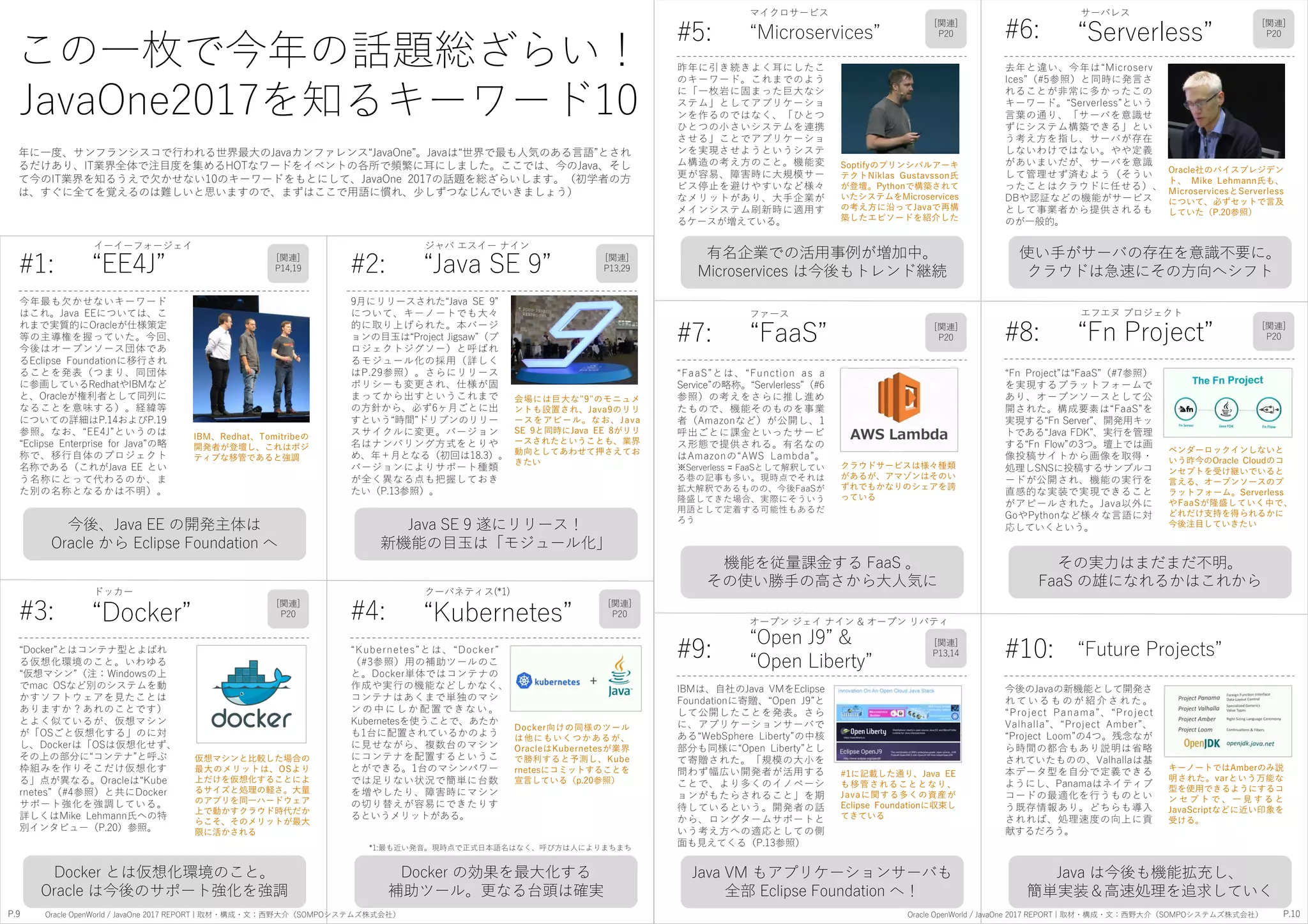 この一枚で今年の話題総ざらい！
JavaOne2017を知るキーワード10
年に一度、サンフランシスコで行われる世界最大のJavaカンファレンス“JavaOne”。Javaは“世界で最も人気のある言語”とされ
るだけあり、IT業界全体で注目度を集めるHOTなワードをイベントの各所で頻繁に耳にしました。ここでは、今のJava、そし
て今のIT業界を知るうえで欠かせない10のキーワードをもとにして、JavaOne 2017の話題を総ざらいします。（初学者の方
は、すぐに全てを覚えるのは難しいと思いますので、まずはここで用語に慣れ、少しずつなじんでいきましょう）
#1: “EE4J”
今年最も欠かせないキーワード
はこれ。Java EEについては、こ
れまで実質的にOracleが仕様策定
等の主導権を握っていた。今回、
今後はオープンソース団体であ
るEclipse Foundationに移行され
ることを発表（つまり、同団体
に参画しているRedhatやIBMなど
と、Oracleが権利者として同列に
なることを意味する）。経緯等
についての詳細はP.14およびP.19
参照。なお、“EE4J”というのは
“Eclipse Enterprise for Java”の略
称で、移行自体のプロジェクト
名称である（これがJava EE とい
う名称にとって代わるのか、ま
た別の名称となるかは不明）。
IBM、Redhat、Tomitribeの
開発者が登壇し、これはポジ
ティブな移管であると強調
今後、Java EE の開発主体は
Oracle から Eclipse Foundation へ
#2: “Java SE 9”
9月にリリースされた“Java SE 9”
について、キーノートでも大々
的に取り上げられた。本バージ
ョンの目玉は“Project Jigsaw”（プ
ロジェクトジグソー）と呼ばれ
るモジュール化の採用（詳しく
はP.29参照）。さらにリリース
ポリシーも変更され、仕様が固
まってから出すというこれまで
の方針から、必ず6ヶ月ごとに出
すという“時間”ドリブンのリリー
スサイクルに変更。バージョン
名はナンバリング方式をとりや
め、年＋月となる（初回は18.3）。
バージョンによりサポート種類
が全く異なる点も把握しておき
たい（P.13参照）。
会場には巨大な"9"のモニュメ
ントも設置され、Java9のリリ
ースをアピール。なお、Java
SE 9と同時にJava EE 8がリリ
ースされたということも、業界
動向としてあわせて押さえてお
きたい
Java SE 9 遂にリリース！
新機能の目玉は「モジュール化」
#3: “Docker”
“Docker”とはコンテナ型とよばれ
る仮想化環境のこと。いわゆる
“仮想マシン”（注：Windowsの上
でmac OSなど別のシステムを動
かすソフトウェアを見たことは
ありますか？あれのことです）
とよく似ているが、仮想マシン
が「OSごと仮想化する」のに対
し、Dockerは「OSは仮想化せず、
その上の部分に“コンテナ”と呼ぶ
枠組みを作りそこだけ仮想化す
る」点が異なる。Oracleは“Kube
rnetes”（#4参照）と共にDocker
サポート強化を強調している。
詳しくはMike Lehmann氏への特
別インタビュー（P.20）参照。
仮想マシンと比較した場合の
最大のメリットは、OSより
上だけを仮想化することによ
るサイズと処理の軽さ。大量
のアプリを同一ハードウェア
上で動かすクラウド時代だか
らこそ、そのメリットが最大
限に活かされる
Docker とは仮想化環境のこと。
Oracle は今後のサポート強化を強調
[関連]
P14,19
[関連]
P20
[関連]
P13,29
#4: “Kubernetes”
“Kubernetes”とは、“Docker”
（#3参照）用の補助ツールのこ
と。Docker単体ではコンテナの
作成や実行の機能などしかなく、
コンテナはあくまで単独のマシ
ン の 中 に し か 配 置 で き な い 。
Kubernetesを使うことで、あたか
も1台に配置されているかのよう
に見せながら、複数台のマシン
にコンテナを配置するというこ
とができる。1台のマシンパワー
では足りない状況で簡単に台数
を増やしたり、障害時にマシン
の切り替えが容易にできたりす
るというメリットがある。
Docker向けの同様のツール
は他にもいくつかあるが、
OracleはKubernetesが業界
で勝利すると予測し、Kube
rnetesにコミットすることを
宣言している（p.20参照）
Docker の効果を最大化する
補助ツール。更なる台頭は確実
[関連]
P20
#5: “Microservices”
昨年に引き続きよく耳にしたこ
のキーワード。これまでのよう
に「一枚岩に固まった巨大なシ
ステム」としてアプリケーショ
ンを作るのではなく、「ひとつ
ひとつの小さいシステムを連携
させる」ことでアプリケーショ
ンを実現させようというシステ
ム構造の考え方のこと。機能変
更が容易、障害時に大規模サー
ビス停止を避けやすいなど様々
なメリットがあり、大手企業が
メインシステム刷新時に適用す
るケースが増えている。
Soptifyのプリンシパルアーキ
テクトNiklas Gustavsson氏
が登壇。Pythonで構築されて
いたシステムをMicroservices
の考え方に沿ってJavaで再構
築したエピソードを紹介した
有名企業での活用事例が増加中。
Microservices は今後もトレンド継続
[関連]
P20 #6: “Serverless”
去年と違い、今年は“Microserv
Ices”（#5参照）と同時に発言さ
れることが非常に多かったこの
キーワード。“Serverless”という
言葉の通り、「サーバを意識せ
ずにシステム構築できる」とい
う考え方を指し、サーバが存在
しないわけではない。やや定義
があいまいだが、サーバを意識
して管理せず済むよう（そうい
ったことはクラウドに任せる）、
DBや認証などの機能がサービス
として事業者から提供されるも
のが一般的。
Oracle社のバイスプレジデン
ト、 Mike Lehmann氏も、
MicroservicesとServerless
について、必ずセットで言及
していた（P.20参照）
使い手がサーバの存在を意識不要に。
クラウドは急速にその方向へシフト
[関連]
P20
#7: “FaaS”
“FaaS”とは、“Function as a
Service”の略称。“Servlerless”（#6
参照）の考えをさらに推し進め
たもので、機能そのものを事業
者（Amazonなど）が公開し、1
呼出ごとに課金といったサービ
ス形態で提供される。有名なの
はAmazonの“AWS Lambda”。
※Serverless = FaaSとして解釈してい
る巷の記事も多い。現時点でそれは
拡大解釈であるものの、今後FaaSが
隆盛してきた場合、実際にそういう
用語として定着する可能性もあるだ
ろう
クラウドサービスは様々種類
があるが、アマゾンはそのい
ずれでもかなりのシェアを誇
っている
機能を従量課金する FaaS 。
その使い勝手の高さから大人気に
[関連]
P20 #8: “Fn Project”
“Fn Project”は“FaaS”（#7参照）
を実現するプラットフォームで
あり、オープンソースとして公
開された。構成要素は“FaaS”を
実現する“Fn Server”、開発用キッ
トである“Java FDK”、実行を管理
する“Fn Flow”の3つ。壇上では画
像投稿サイトから画像を取得・
処理しSNSに投稿するサンプルコ
ードが公開され、機能の実行を
直感的な実装で実現できること
がアピールされた。Java以外に
GoやPythonなど様々な言語に対
応していくという。
ベンダーロックインしないと
いう昨今のOracle Cloudのコ
ンセプトを受け継いでいると
言える、オープンソースのプ
ラットフォーム。Serverless
やFaaSが隆盛していく中で、
どれだけ支持を得られるかに
今後注目していきたい
その実力はまだまだ不明。
FaaS の雄になれるかはこれから
[関連]
P20
#9:
“Open J9” &
“Open Liberty”
IBMは、自社のJava VMをEclipse
Foundationに寄贈、“Open J9”と
して公開したことを発表。さら
に、アプリケーションサーバで
ある“WebSphere Liberty”の中核
部分も同様に“Open Liberty”とし
て寄贈された。「規模の大小を
問わず幅広い開発者が活用する
ことで、より多くのイノベーシ
ョンがもたらされること」を期
待しているという。開発者の話
から、ロングタームサポートと
いう考え方への適応としての側
面も見えてくる（P.13参照）
#1に記載した通り、Java EE
も移管されることとなり、
Javaに関する多くの資産が
Eclipse Foundationに収束し
てきている
Java VM もアプリケーションサーバも
全部 Eclipse Foundation へ！
[関連]
P13,14 #10: “Future Projects”
今後のJavaの新機能として開発さ
れ て い る も の が 紹 介 さ れ た 。
“Project Panama”、“Project
Valhalla”、“Project Amber”、
“Project Loom”の4つ。残念なが
ら時間の都合もあり説明は省略
されていたものの、Valhallaは基
本データ型を自分で定義できる
ようにし、Panamaはネイティブ
コードの最適化を行うものとい
う既存情報あり。どちらも導入
されれば、処理速度の向上に貢
献するだろう。
キーノートではAmberのみ説
明された。varという万能な
型を使用できるようにするコ
ン セ プ ト で 、 一 見 す る と
JavaScriptなどに近い印象を
受ける。
Java は今後も機能拡充し、
簡単実装＆高速処理を追求していく
イーイーフォージェイ ジャバ エスイー ナイン
ドッカー クーバネティス(*1)
マイクロサービス サーバレス
ファース エフエヌ プロジェクト
オープン ジェイ ナイン & オープン リバティ
*1:最も近い発音。現時点で正式日本語名はなく、呼び方は人によりまちまち
P.9 P.10Oracle OpenWorld / JavaOne 2017 REPORT | 取材・構成・文：西野大介（SOMPOシステムズ株式会社） Oracle OpenWorld / JavaOne 2017 REPORT | 取材・構成・文：西野大介（SOMPOシステムズ株式会社）
 