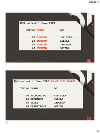 9/19/2019
18
37
SQL> select * from DEPT;
DEPTNO DNAME LOC
---------- -------------- -------------
10 UNKNOWN NEW YORK
20 UNKNOWN DALLAS
30 UNKNOWN CHICAGO
40 UNKNOWN BOSTON
38
SQL> select * from DEPT AS OF SCN 995401;
DEPTNO DNAME LOC
---------- -------------- -------------
10 ACCOUNTING NEW YORK
20 RESEARCH DALLAS
30 SALES CHICAGO
40 OPERATIONS BOSTON
37
38
 