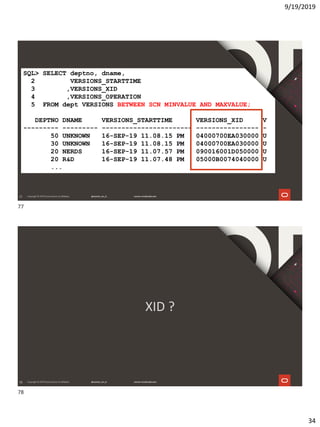 9/19/2019
34
77
SQL> SELECT deptno, dname,
2 VERSIONS_STARTTIME
3 ,VERSIONS_XID
4 ,VERSIONS_OPERATION
5 FROM dept VERSIONS BETWEEN SCN MINVALUE AND MAXVALUE;
DEPTNO DNAME VERSIONS_STARTTIME VERSIONS_XID V
--------- --------- ----------------------- ---------------- -
50 UNKNOWN 16-SEP-19 11.08.15 PM 04000700EA030000 U
30 UNKNOWN 16-SEP-19 11.08.15 PM 04000700EA030000 U
20 NERDS 16-SEP-19 11.07.57 PM 090016001D050000 U
20 R&D 16-SEP-19 11.07.48 PM 05000B0074040000 U
...
78
XID ?
77
78
 