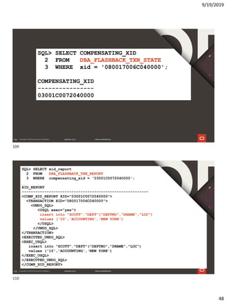 9/19/2019
48
109
SQL> SELECT COMPENSATING_XID
2 FROM DBA_FLASHBACK_TXN_STATE
3 WHERE xid = '080017006C040000';
COMPENSATING_XID
----------------
03001C0072040000
110
SQL> SELECT xid_report
2 FROM DBA_FLASHBACK_TXN_REPORT
3 WHERE compensating_xid = '03001C0072040000';
XID_REPORT
--------------------------------------------------------
<COMP_XID_REPORT XID="03001C0072040000">
<TRANSACTION XID="080017006C040000">
<UNDO_SQL>
<USQL exec="yes">
insert into "SCOTT"."DEPT"("DEPTNO","DNAME","LOC")
values ('10','ACCOUNTING','NEW YORK')
</USQL>
</UNDO_SQL>
</TRANSACTION>
<EXECUTED_UNDO_SQL>
<EXEC_USQL>
insert into "SCOTT"."DEPT"("DEPTNO","DNAME","LOC")
values ('10','ACCOUNTING','NEW YORK')
</EXEC_USQL>
</EXECUTED_UNDO_SQL>
</COMP_XID_REPORT>
109
110
 
