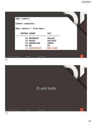9/19/2019
49
111
SQL> commit;
Commit complete.
SQL> select * from dept;
DEPTNO DNAME LOC
---------- -------------- ----------
20 RESEARCH DALLAS
30 SALES CHICAGO
50 MARKETING PERTH
40 HR US
10 ACCOUNTING NEW YORK
112
2) unit tests
111
112
 
