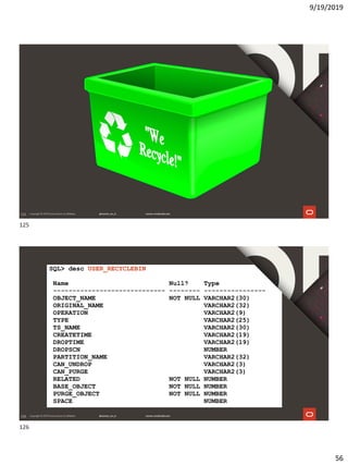 9/19/2019
56
125
126
SQL> desc USER_RECYCLEBIN
Name Null? Type
----------------------------- -------- ----------------
OBJECT_NAME NOT NULL VARCHAR2(30)
ORIGINAL_NAME VARCHAR2(32)
OPERATION VARCHAR2(9)
TYPE VARCHAR2(25)
TS_NAME VARCHAR2(30)
CREATETIME VARCHAR2(19)
DROPTIME VARCHAR2(19)
DROPSCN NUMBER
PARTITION_NAME VARCHAR2(32)
CAN_UNDROP VARCHAR2(3)
CAN_PURGE VARCHAR2(3)
RELATED NOT NULL NUMBER
BASE_OBJECT NOT NULL NUMBER
PURGE_OBJECT NOT NULL NUMBER
SPACE NUMBER
125
126
 
