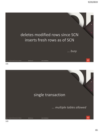 9/19/2019
65
145
deletes modified rows since SCN
inserts fresh rows as of SCN
... busy
149
single transaction
... multiple tables allowed
145
149
 