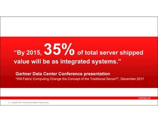 “By 2015,              of total server shipped       35%
         value will be as integrated systems.”
            Gartner Data Center Conference presentation
            “Will Fabric Computing Change the Concept of the Traditional Server?”, December 2011




10   Copyright © 2012, Oracle and/or its affiliates. All rights reserved.
 