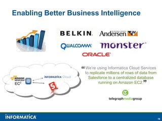 Enabling Better Business Intelligence“We’re using Informatica Cloud Services to replicate millions of rows of data from Salesforce to a centralized database running on Amazon EC2.”