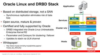 Oracle Linux and DRBD Stack
•  Based on distributed storage, not a SAN
     –  Synchronous replication eliminates risk of data
        loss
•  Open source, mature & proven
•  Certified and fully supported by Oracle
     –  DRBD integrated into Oracle Linux Unbreakable
        Enterprise Kernel R2
     –  Pacemaker and Corosync for clustering / failover
     –  Updates to stack via ULN channel
•  Whitepaper:
     –  http://www.mysql.com/why-mysql/white-papers/
        mysql_wp_drbd.php


 Copyright © 2012, Oracle and / or its affiliates. All rights reserved. September 29th, 2012
 