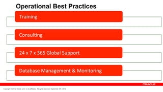 Operational Best Practices
                       Training	
  


                      Consul1ng	
  


                      24	
  x	
  7	
  x	
  365	
  Global	
  Support	
  


                      Database	
  Management	
  &	
  Monitoring	
  


Copyright © 2012, Oracle and / or its affiliates. All rights reserved. September 29th, 2012
 