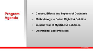 Program   §  Causes, Effects and Impacts of Downtime
Agenda    §  Methodology to Select Right HA Solution

          §  Guided Tour of MySQL HA Solutions

          §  Operational Best Practices
 