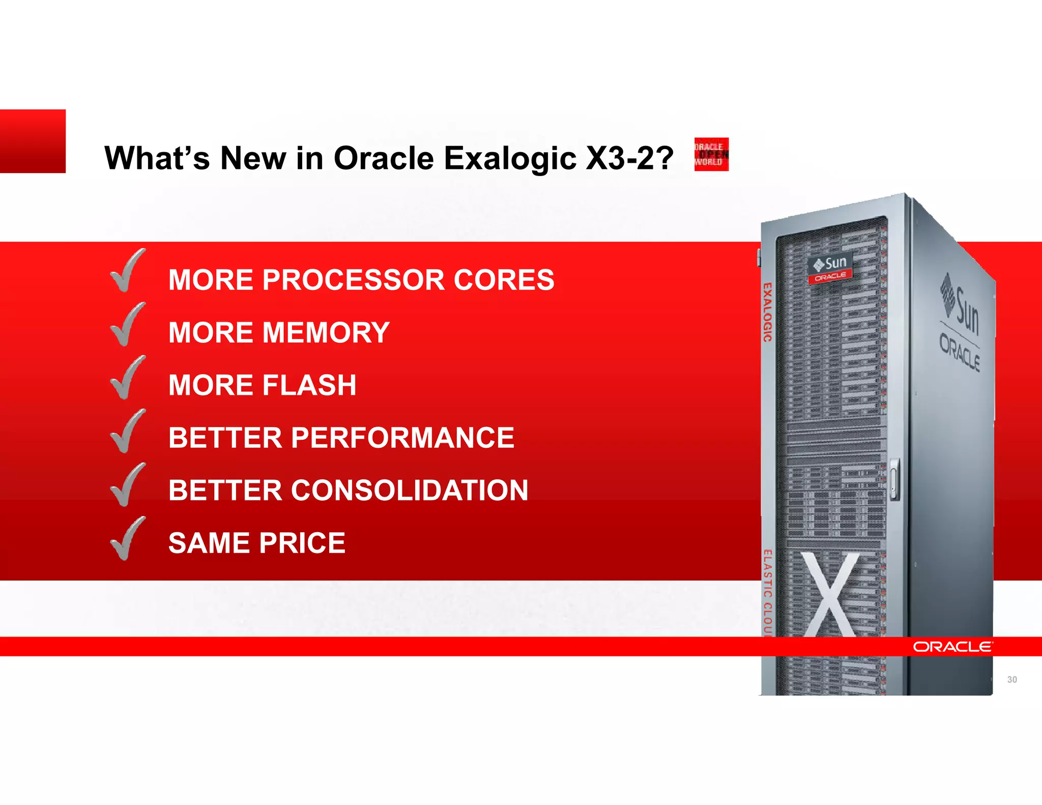 What’s New in Oracle Exalogic X3-2?


   MORE PROCESSOR CORES
   MORE MEMORY
   MORE FLASH
   BETTER PERFORMANCE
   BETTER CONSOLIDATION
   SAME PRICE



                                      30
 