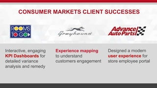 CONSUMER MARKETS CLIENT SUCCESSES 
t 
Designed a modern 
user experience for 
store employee portal 
Experience mapping 
to understand 
customers engagement 
Interactive, engaging 
KPI Dashboards for 
detailed variance 
analysis and remedy 
 