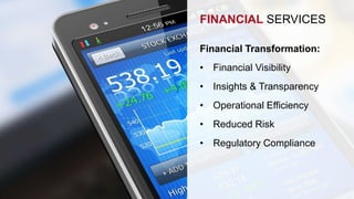FINANCIAL SERVICES 
Financial Transformation: 
• Financial Visibility 
• Insights & Transparency 
• Operational Efficiency 
• Reduced Risk 
• Regulatory Compliance 
 