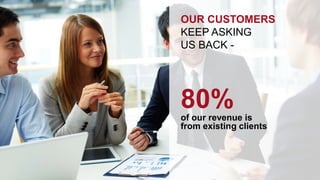 OUR CUSTOMERS 
KEEP ASKING 
US BACK - 
80% 
of our revenue is 
from existing clients 
 