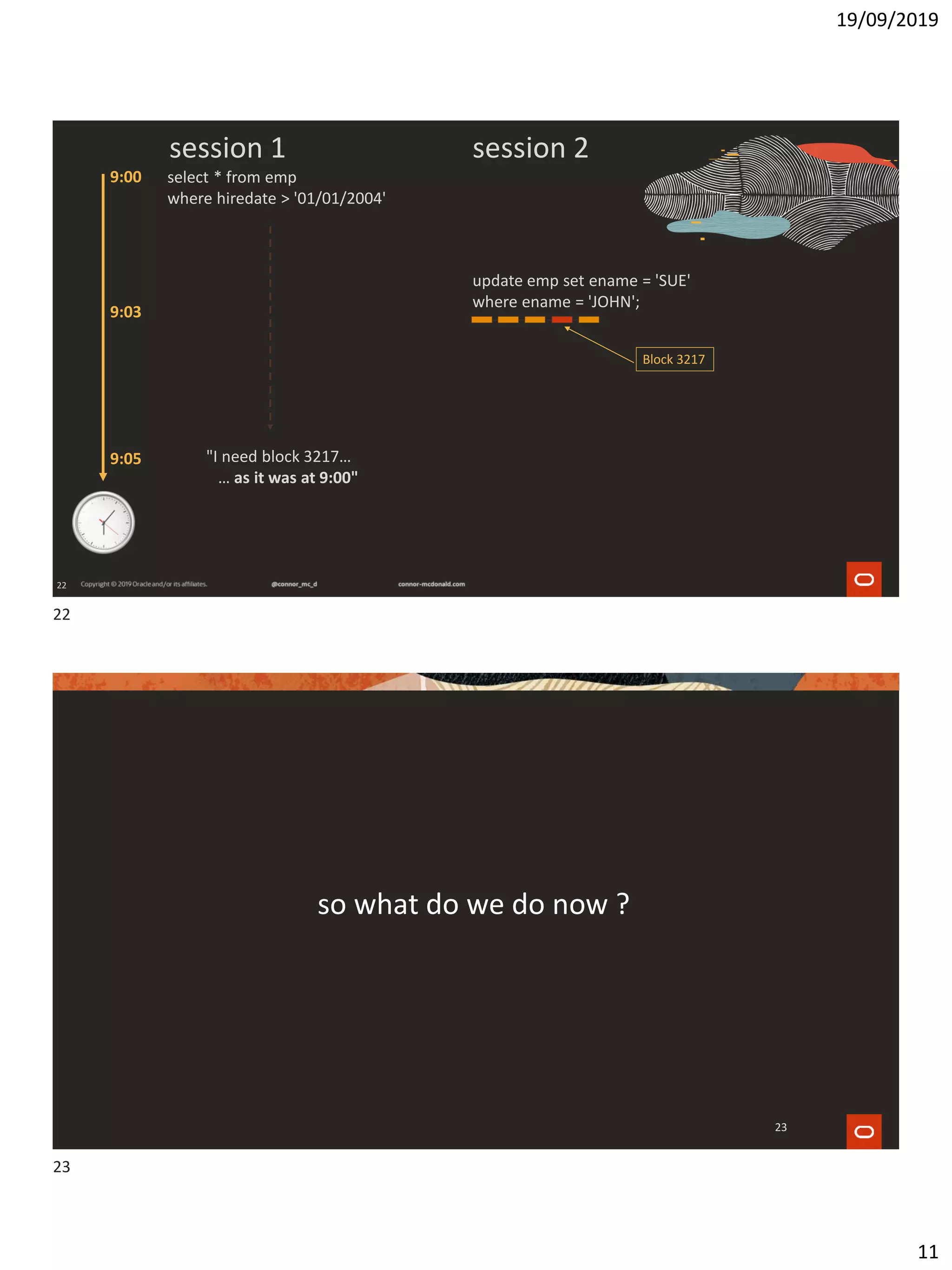 19/09/2019
11
22
select * from emp
where hiredate > '01/01/2004'
update emp set ename = 'SUE'
where ename = 'JOHN';
Block 3217
"I need block 3217…
… as it was at 9:00"
9:00
9:03
9:05
session 1 session 2
so what do we do now ?
23
22
23
 